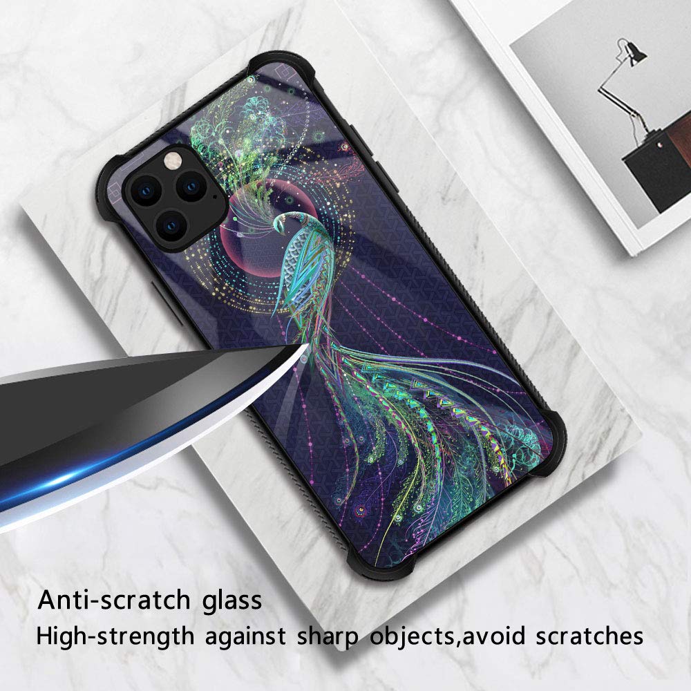 ZHEGAILIAN Phone Case for iPhone 12 Mini Peacock Design Organic Glass TPU Green 5.4 inch