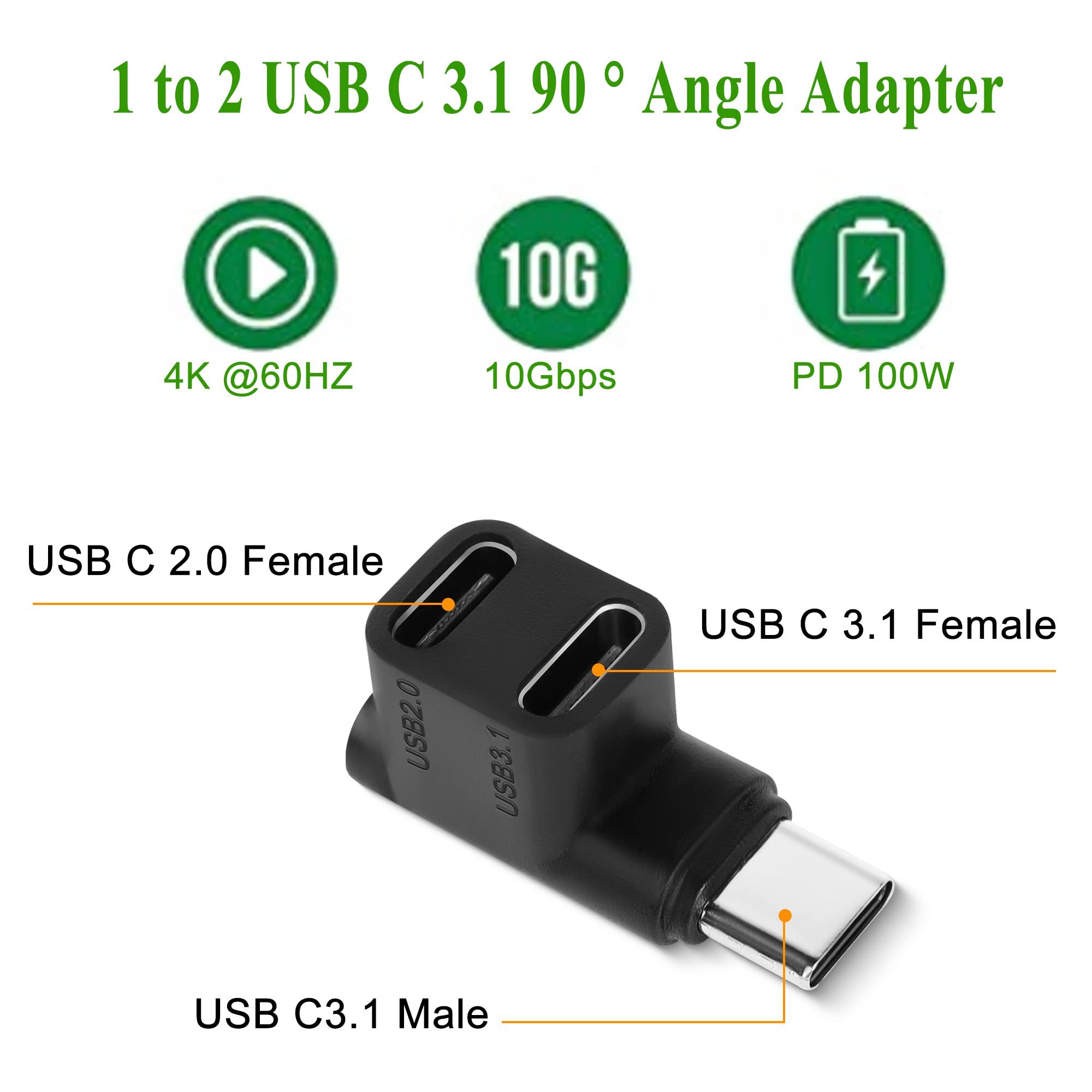 Qianrenon 1 To 2 Usb C 3.1 90  Angle Adapter 10Gbps Usb 3.1 Type C Male To Usb C3.1+Usb C2.0 Dual Female Right Angle Connector C
