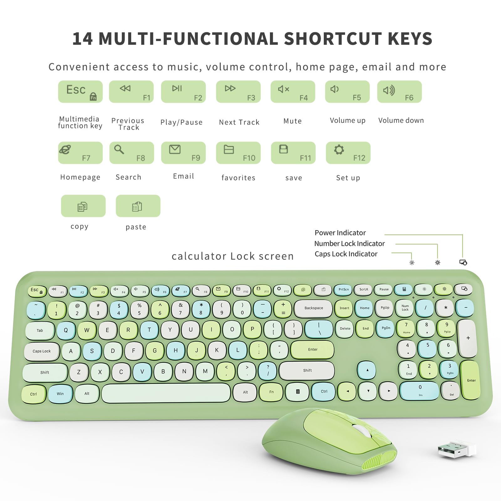 SkyGive Wireless Keyboard and Mouse Combo Retro Full Size Ergonomic Low-Noise Cute Keycaps Verdant Green
