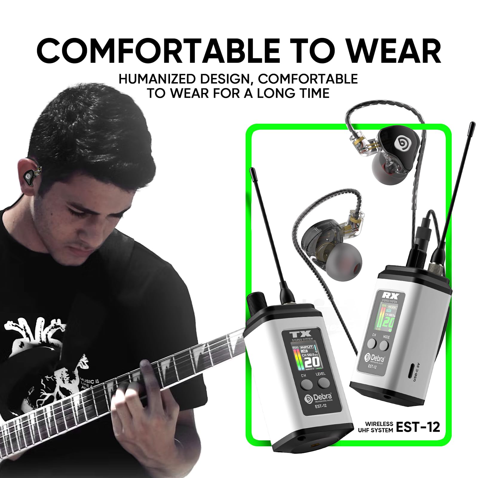 Debra Est-12 Pro Uhf Stereo Wireless In Ear Monitor, Wireless Iem, Portable Rechargeable Monitoring System 20 Adjustable Channel