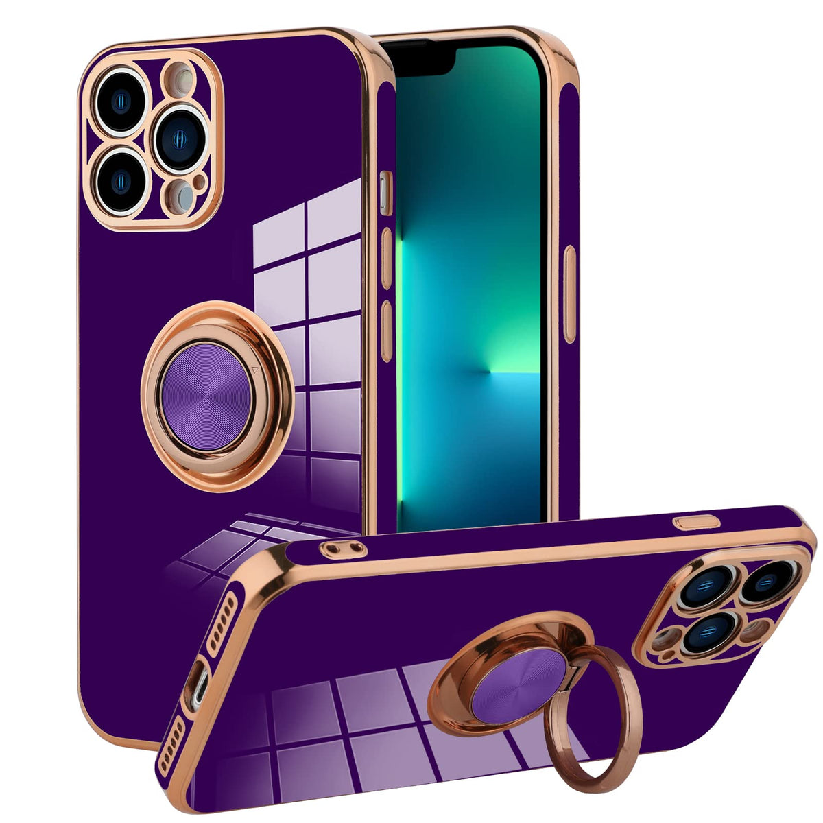 Kanghar Compatible With Iphone 13 Pro Max Case For Women Girls 6.7 Inch, Plating Built In 360 Rotation Magnetic Ring Kickstand H