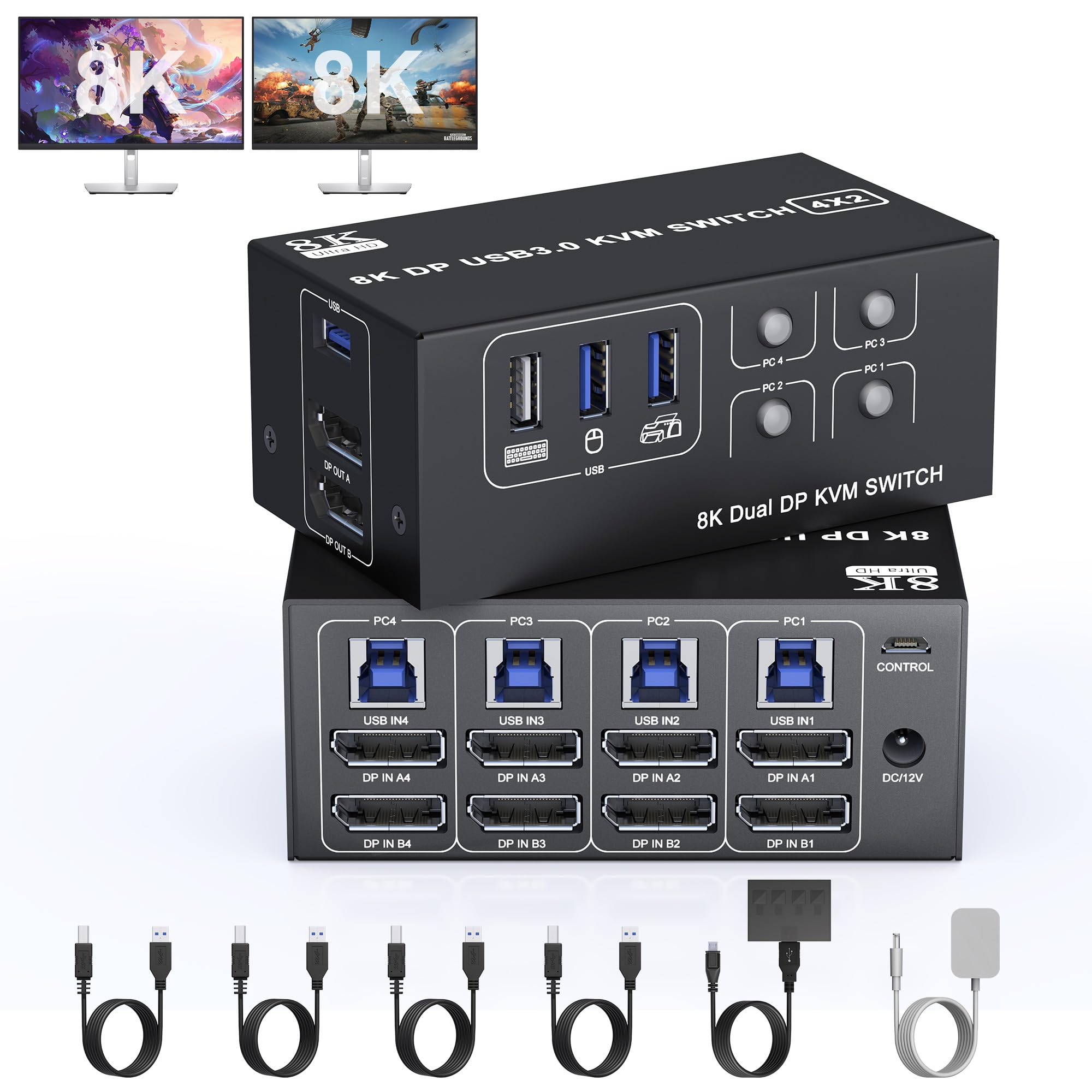8K Usb 3.0 Kvm Switch 2 Monitors 4 Computers Displayport 8K@60Hz 4K@144Hz,Dual Monitor Kvm Switch 4 Port With Usb 3.0,Dp 1.4 Kvm