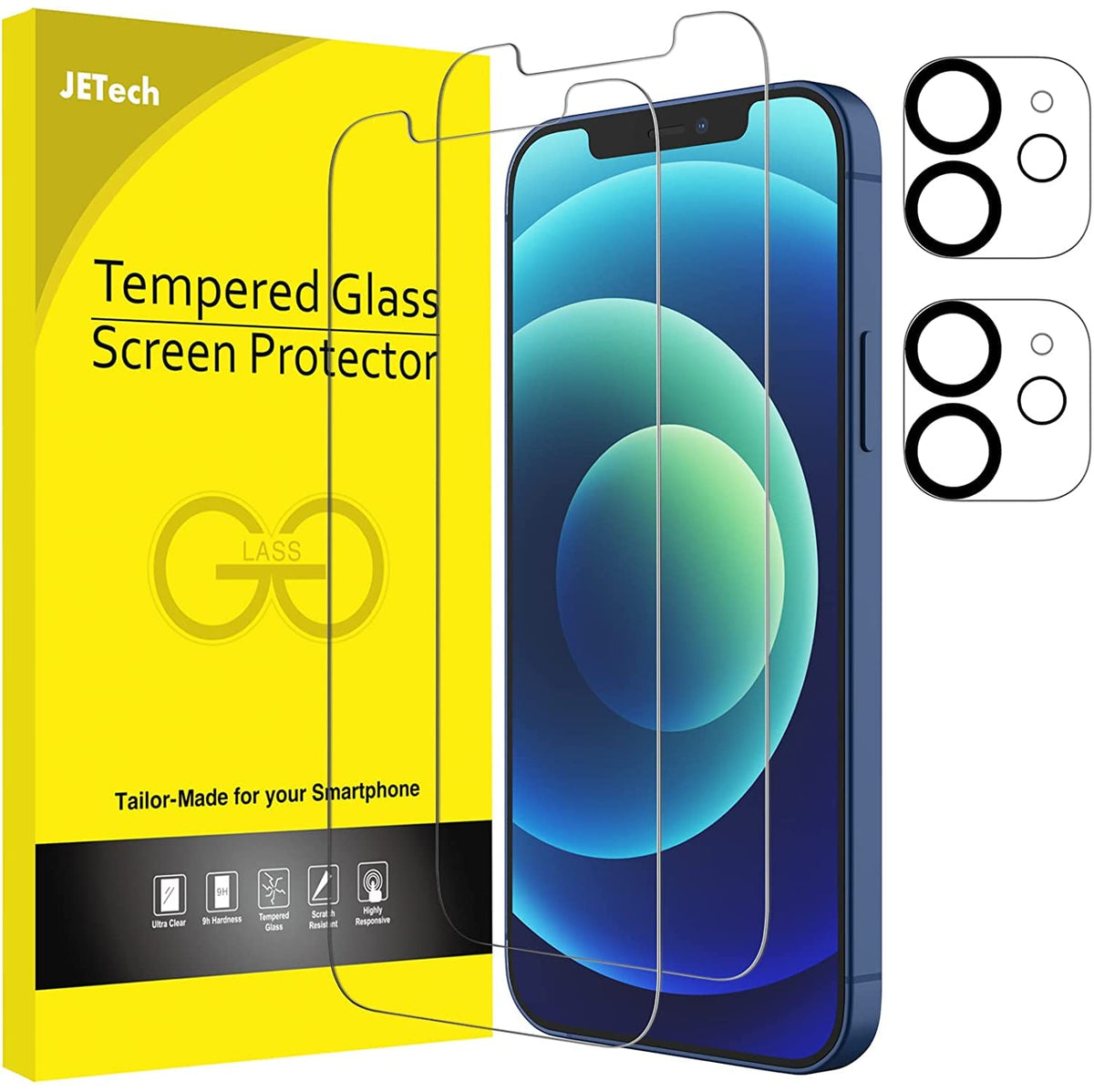 Jetech Screen Protector For Iphone 12 6.1 Inch With Camera Lens Protector, Tempered Glass Film, 2 Pack Each