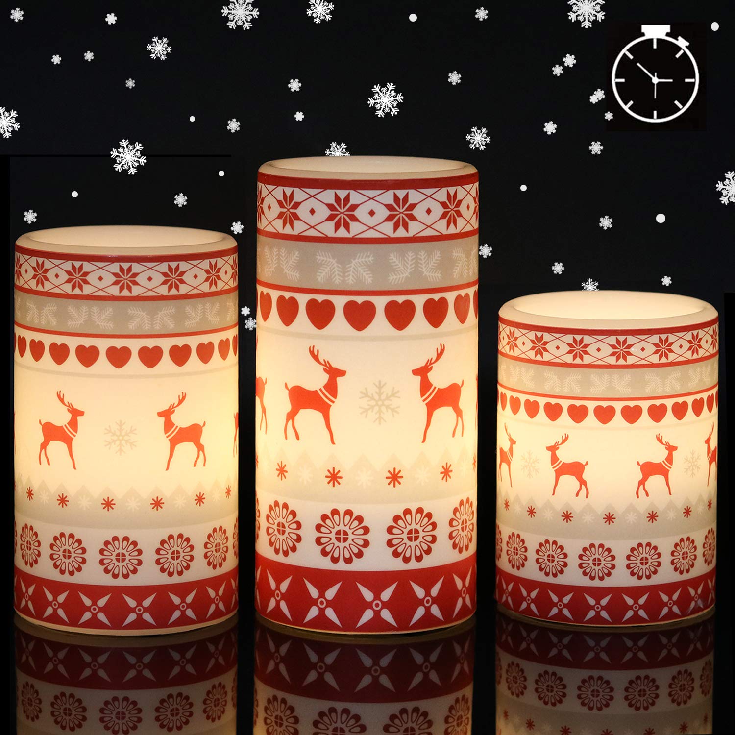 Genswin Flameless Flickering Led Candles Battery Operated With 6 Hours Timer, Real Wax Pillar Candles Warm Light Love Deer Decal
