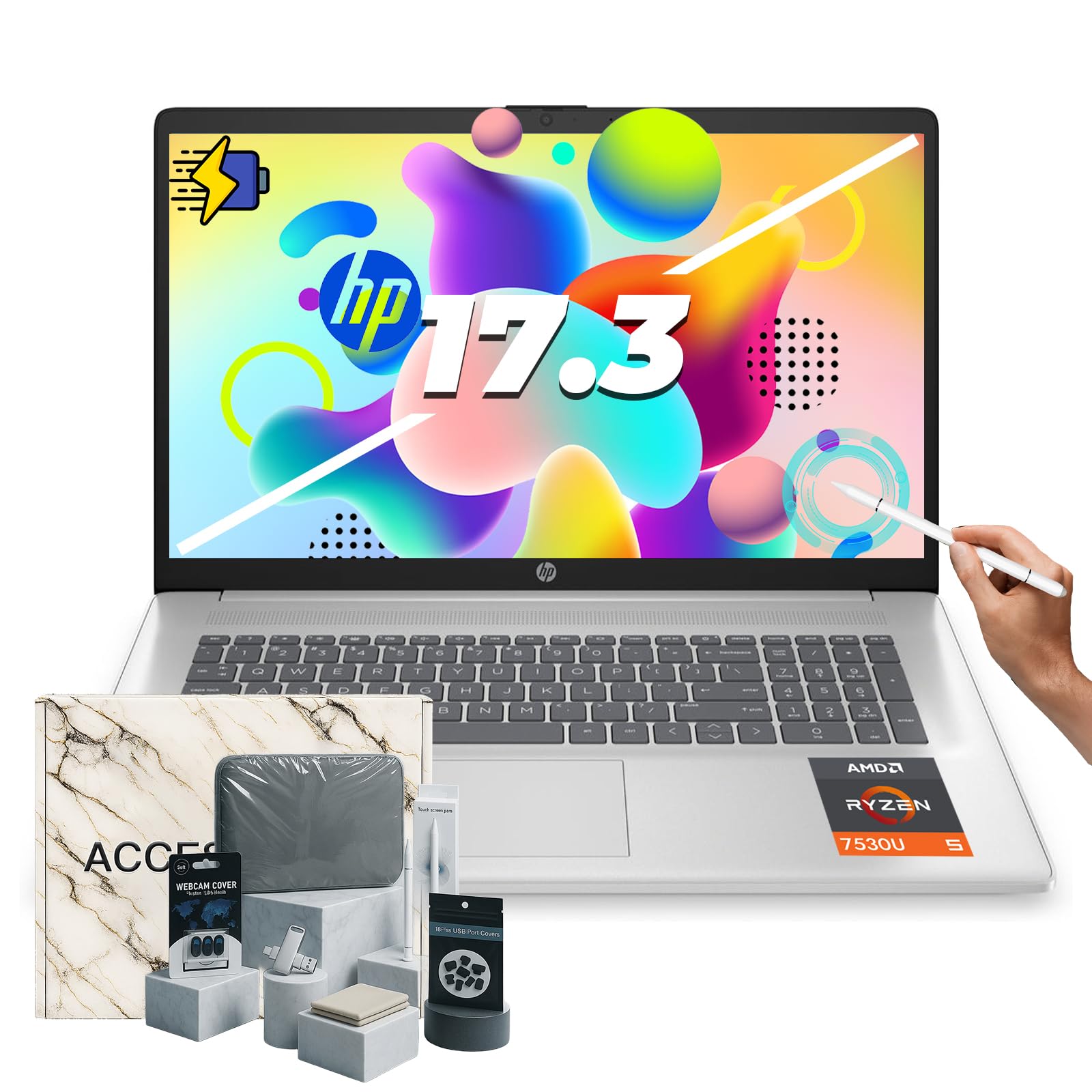 HP 17.3-inch Flagship Touchscreen Laptop - Win 11 Pro  AI-Powered Copilot  AMD R5-7530U  17.3 HD+ BrightView Display  Wi-Fi 6, w