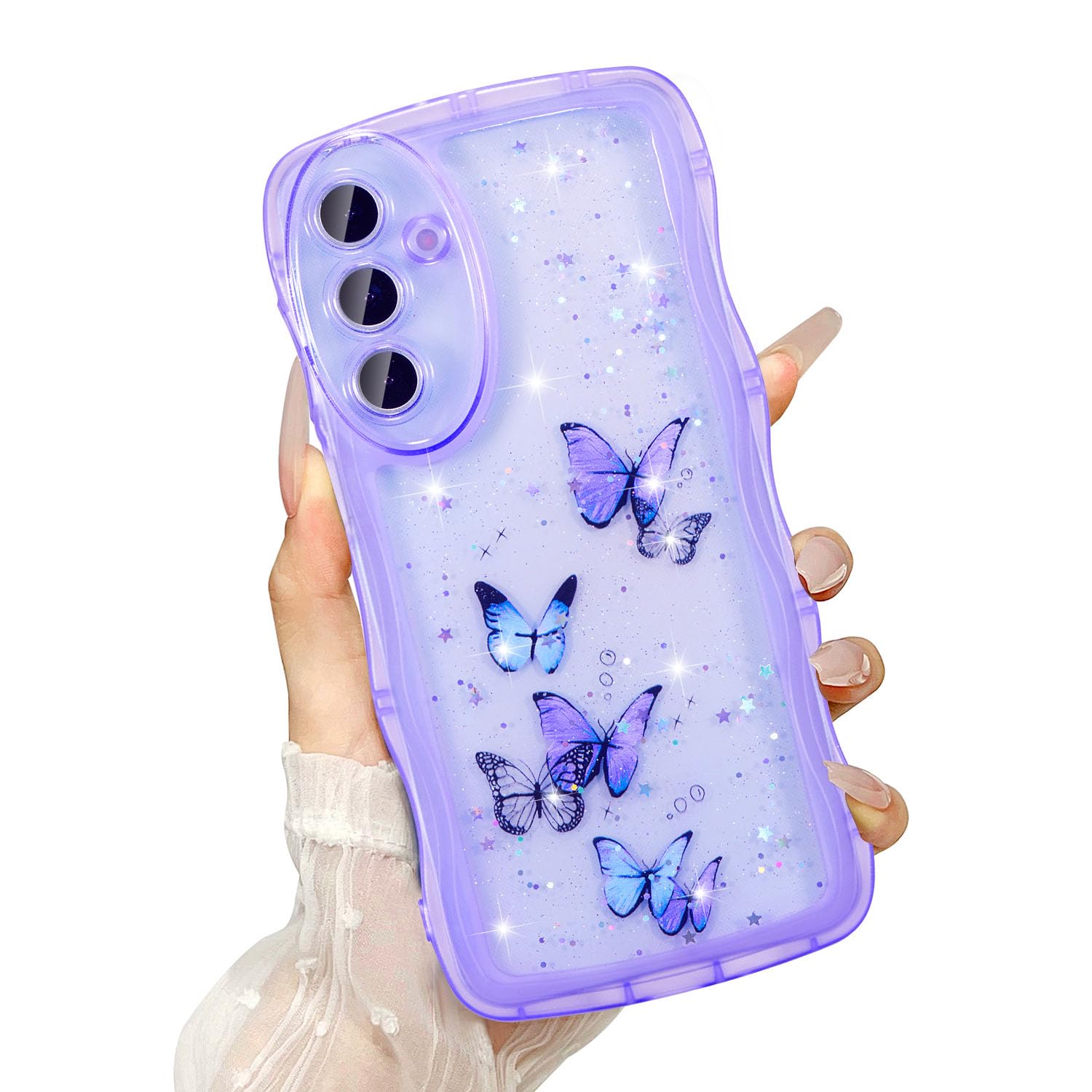 UEEBAI Wave Butterfly Case for Samsung Galaxy A16 4G/5G Case, Pretty Bling Star Butterfly for Women Cute Shiny Glitter Phone Cov