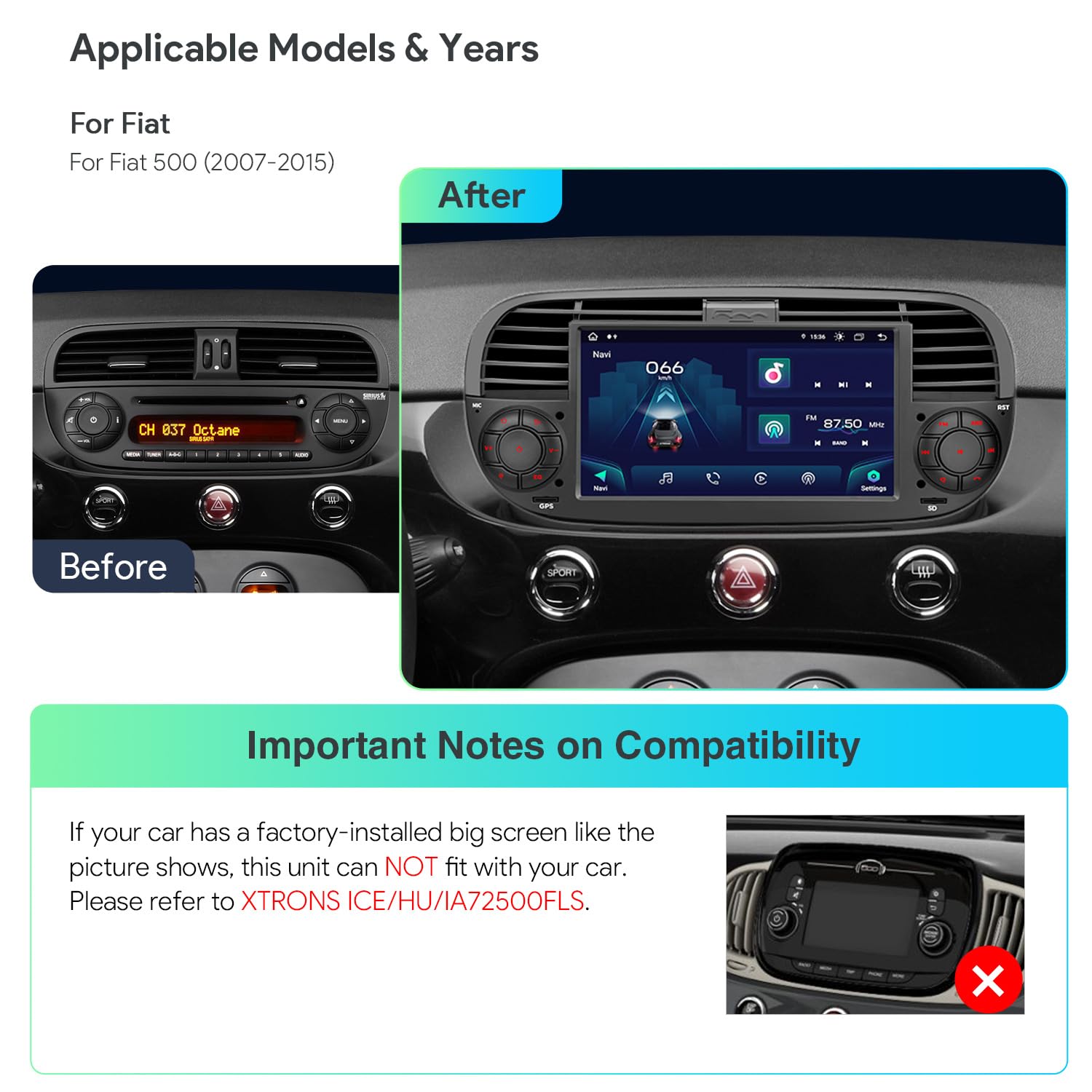 Xtrons Single Din Car Stereo For Fiat 500, Android 13 Octa Core 4Gb Ram 64Gb Rom Car Radio Player, 7 Inch Ips Touch Screen Gps N