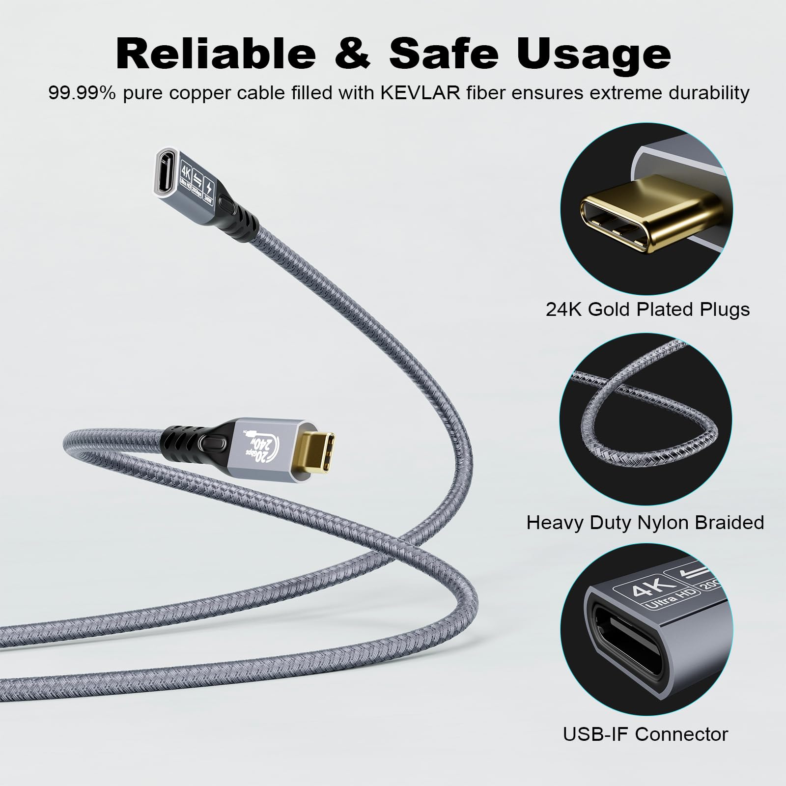 Chenlenic 20Gbps Usb C 3.2 Extension Cable, Usbc 3.2 Gen2 Type C Male To Female Extender Cable Ultra Hd 4K@60Hz 240W Charging 20Gbps Data Transfer Compatible With External Ssd Egpu