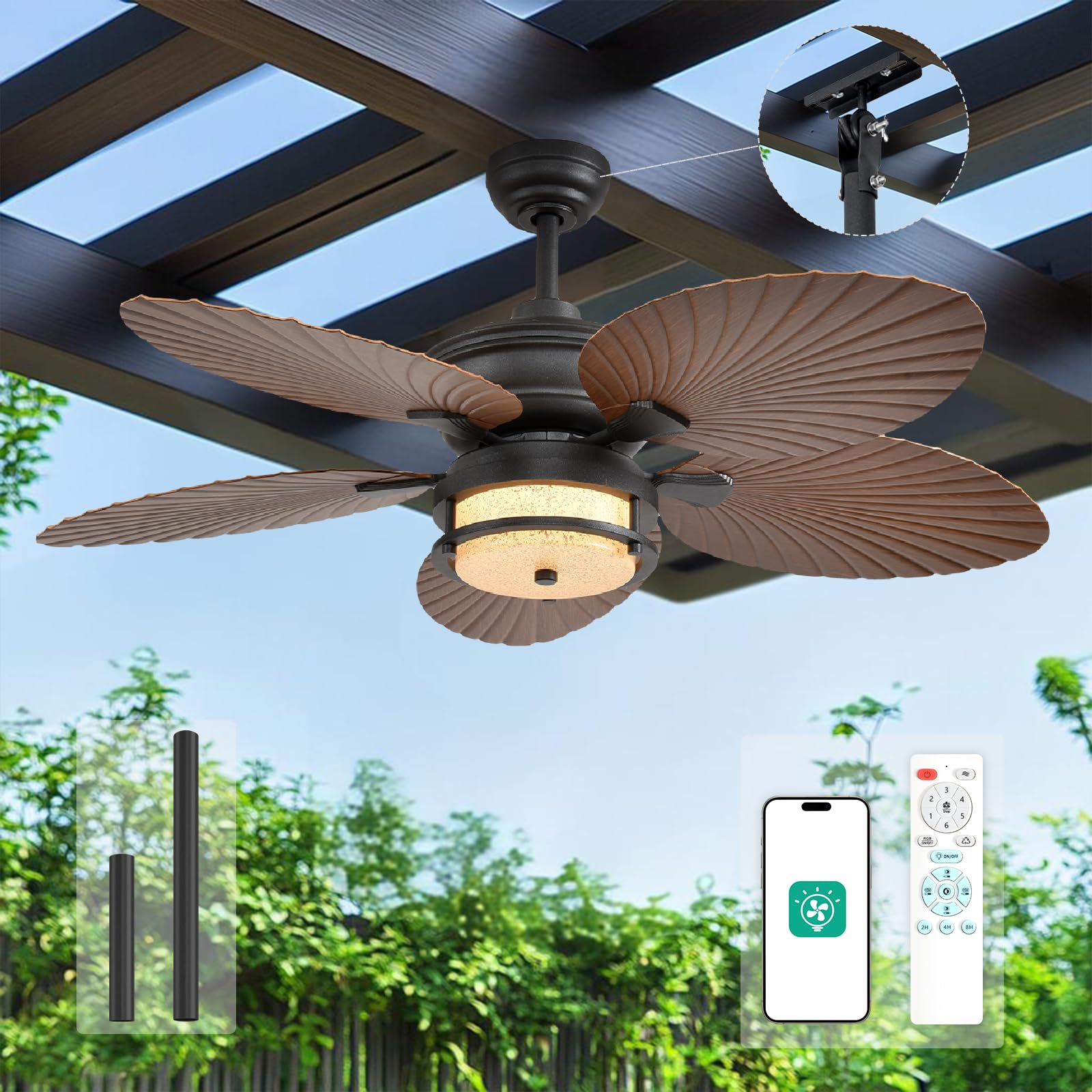 Orison 52 Outdoor Ceiling Fan with Lights, Tropical Palm Leaf Fan, Wet Rated for Patio, Porch & Gazebo, Dimmable LED, 6-Speed,