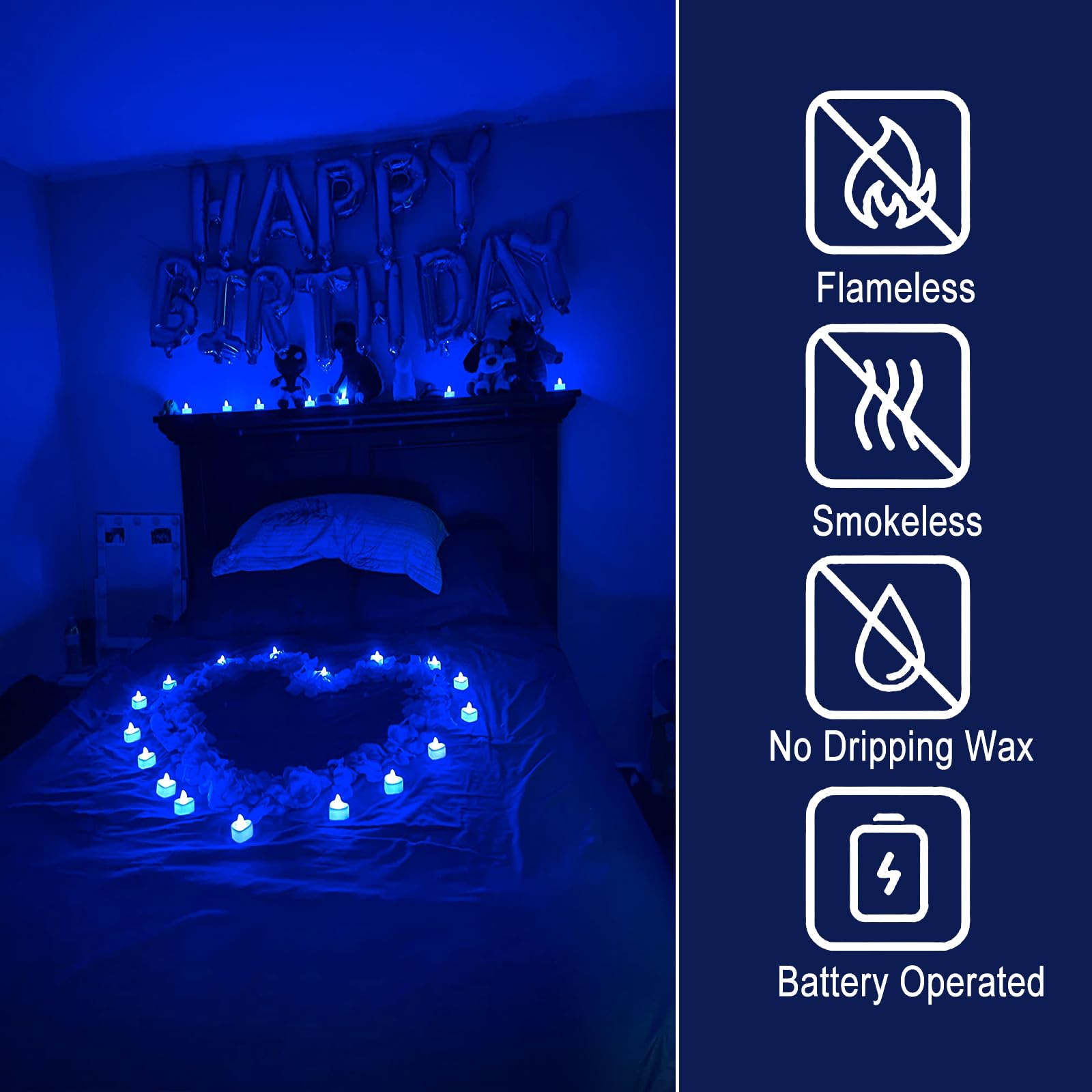 Pyrrhiax 2000 Pieces Blue Artificial Rose Petals And 24 Pieces Led Tea Lights Candles,Romantic Night Decoration Set, Romantic Gi