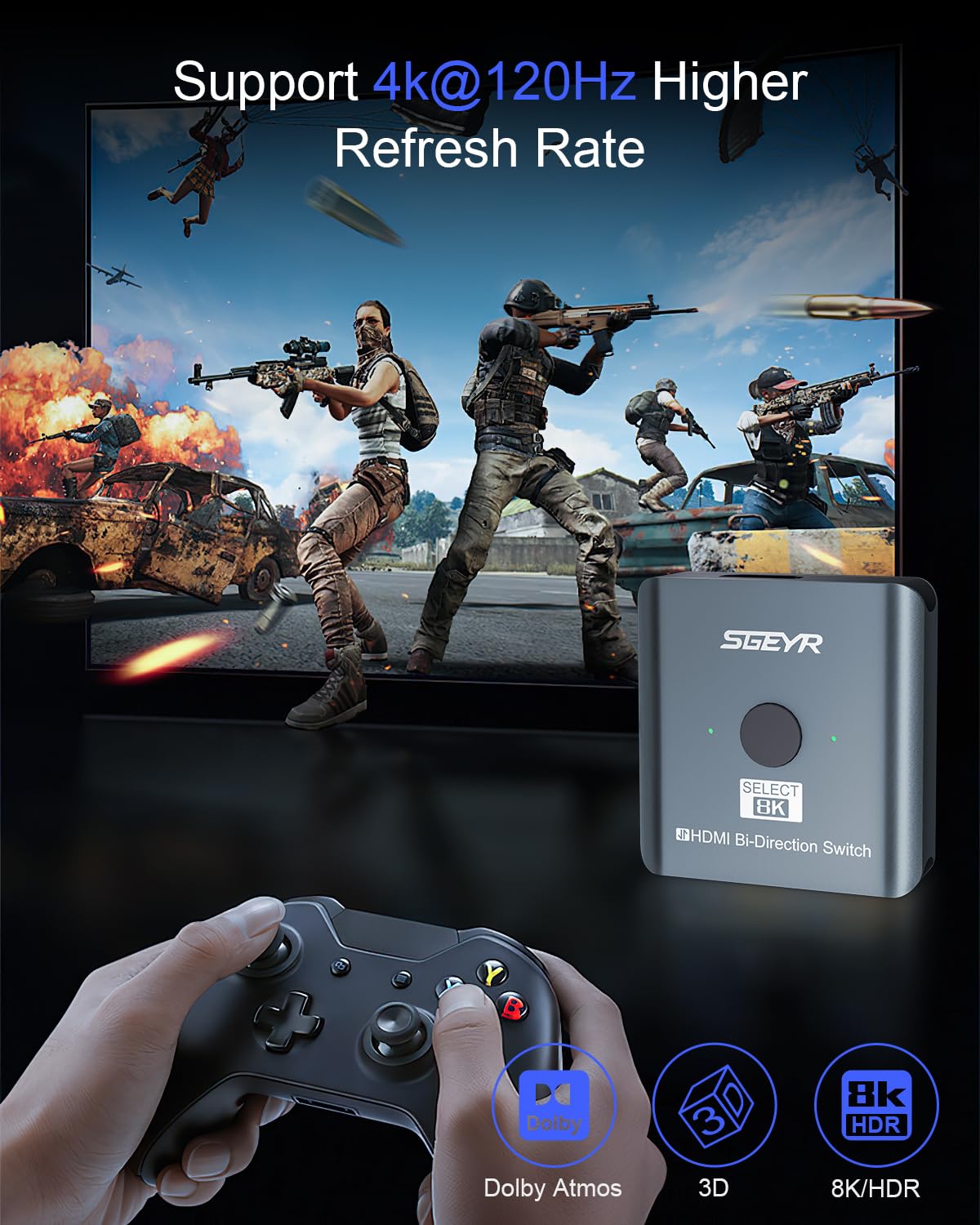 Sgeyr Hdmi Switch, 8K Hdmi Switcher 2 In 1 Out,Hdmi 2.1 Switch Selector,Aluminum Hdmi 2.1 Splitter Bi Directional Ultra Hd, Support 8K@60Hz,48Gbps, Compatible With Ps5/4,Xbox,Roku(Grey)