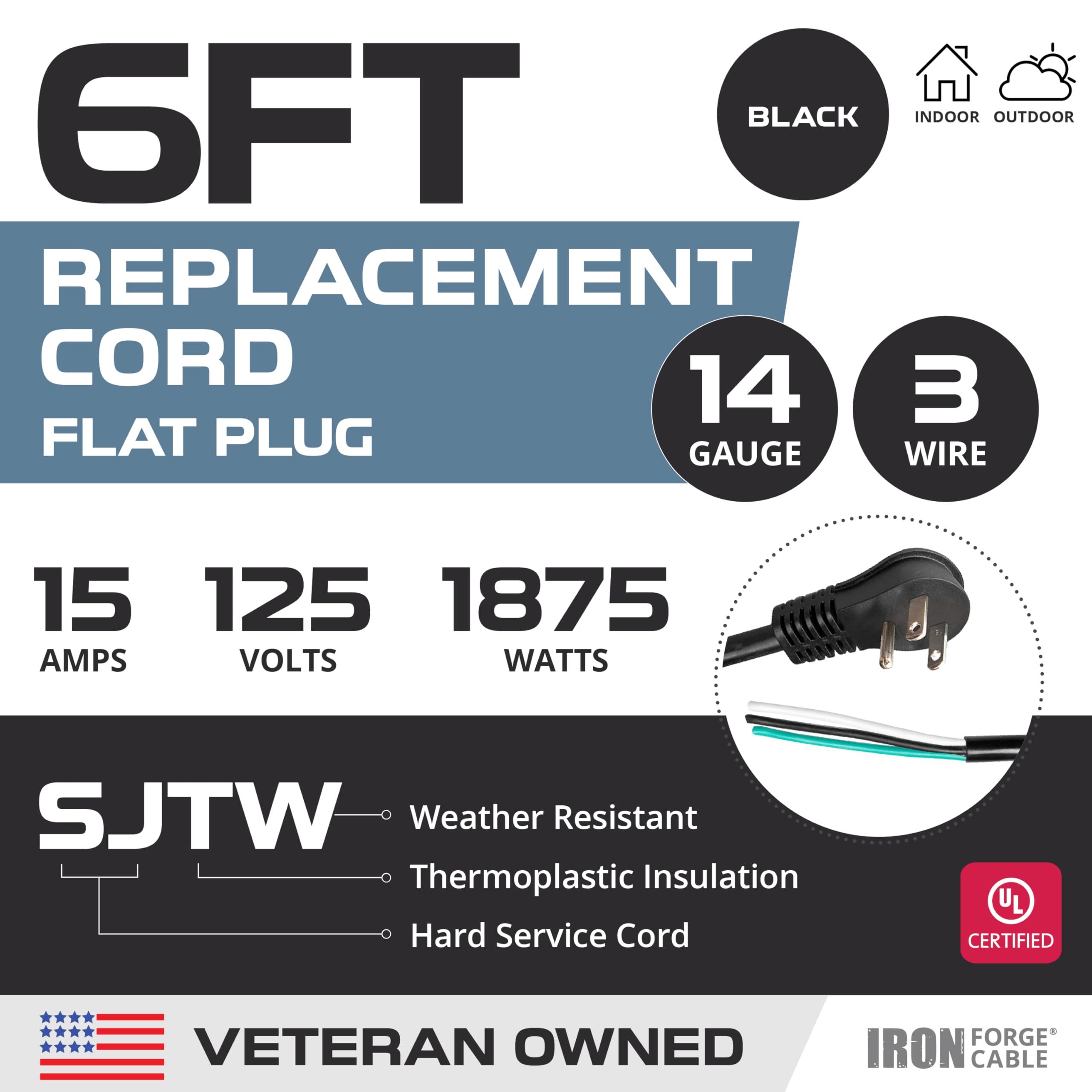 Iron Forge Cable 90 Degree Electrical Plug Slim Plug Head Replacement Power Cord With Open End   6 Ft Black Extension Cable,14/3