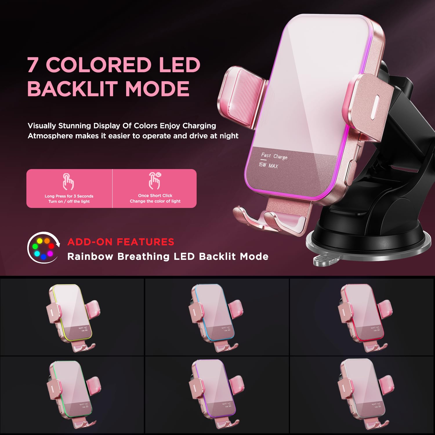 Wireless Car Charger,?7 Colored Led Backlit? 15W Auto Clamping Car Charger Phone Mount Holder Fit For Iphone 14 13 12 Mini Pro M