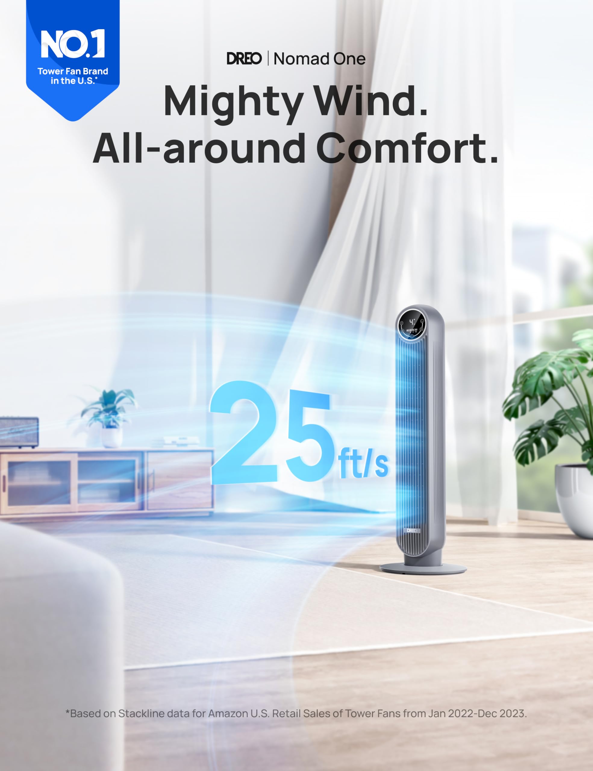 Dreo Tower Fan For Bedroom, 25Ft/S Velocity Quiet Floor Fan, 90 Oscillating Fans For Indoors With 4 Speeds, 4 Modes, 8H Timer, B