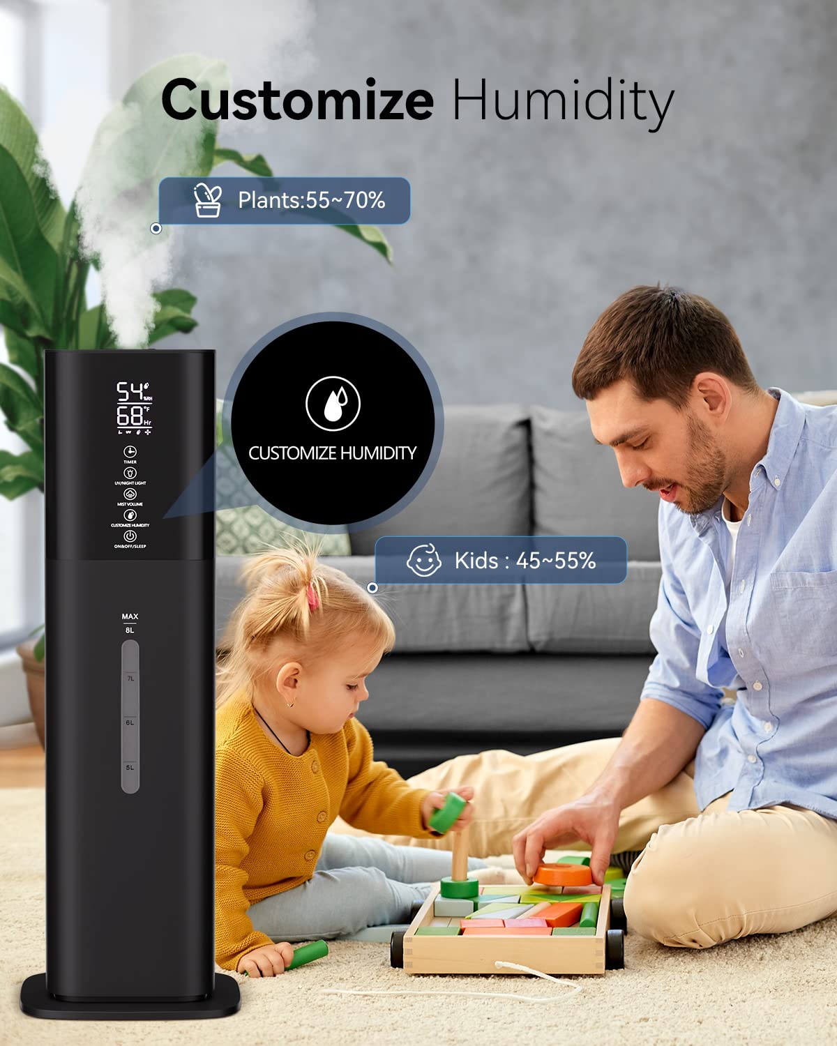 Humidifiers For Bedroom, 2.11Gal 8L Quiet Humidifiers For Large Room With Timer, 360Nozzle, 3 Speed Ultrasonic Cool Mist Humidif