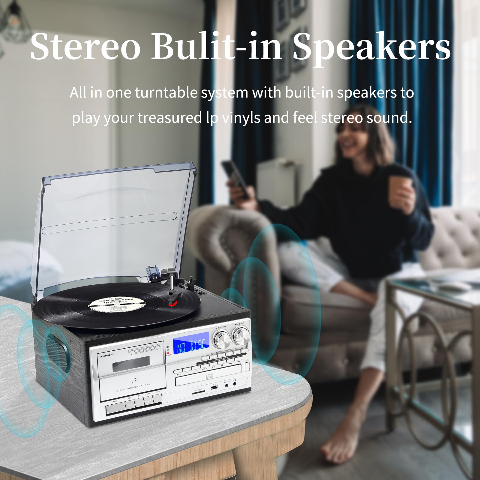 Musitrend 9 In 1 Record Player With External Speakers,3 Speed Bluetooth Turntable Vinyl Player With Cd/Cassette Play,Am/Fm Radio