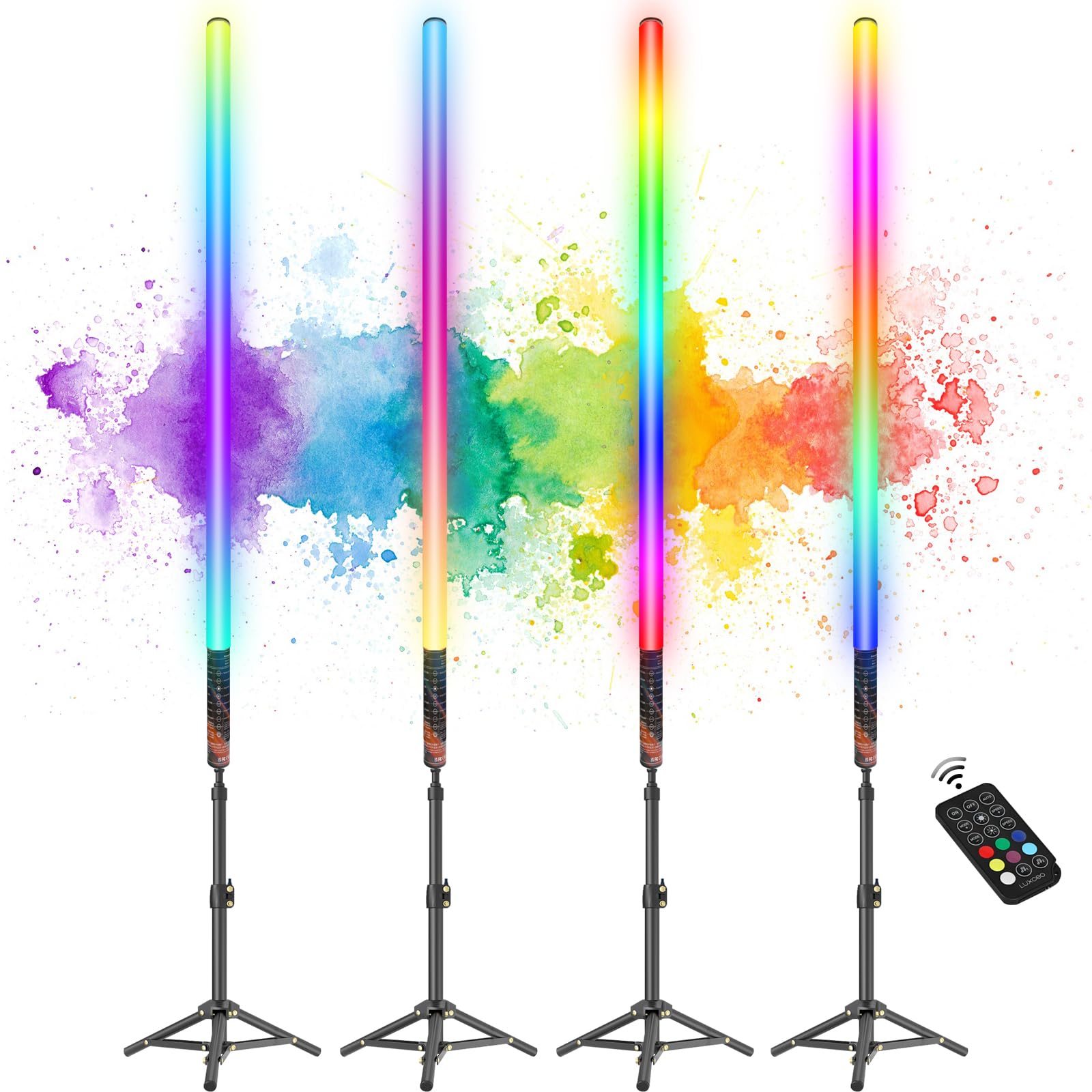 Luxceo 4Pack Rgb Tube Light Bar With Light Stand, Battery Powered Led Video Light Wand Stick With Remote Control For Dj Lighting