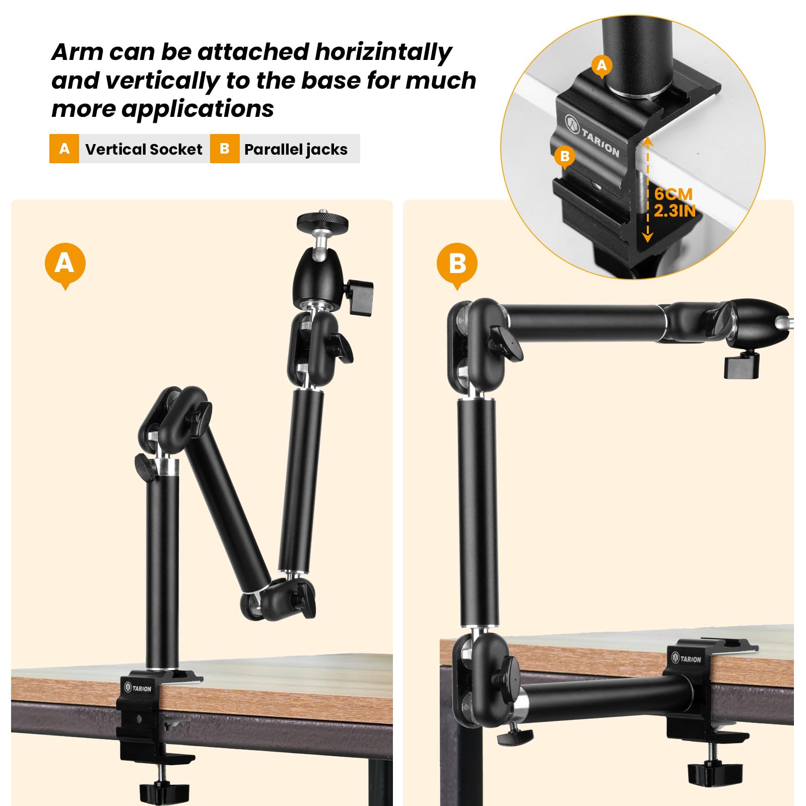 Tarion Top Tripod Camera Desk Mount 360�Flexible Articulating Arm With 3/8'' Screw And 3/8'' To 1/4'' Screw For Dslr Cameras Projector Light Ring (M)