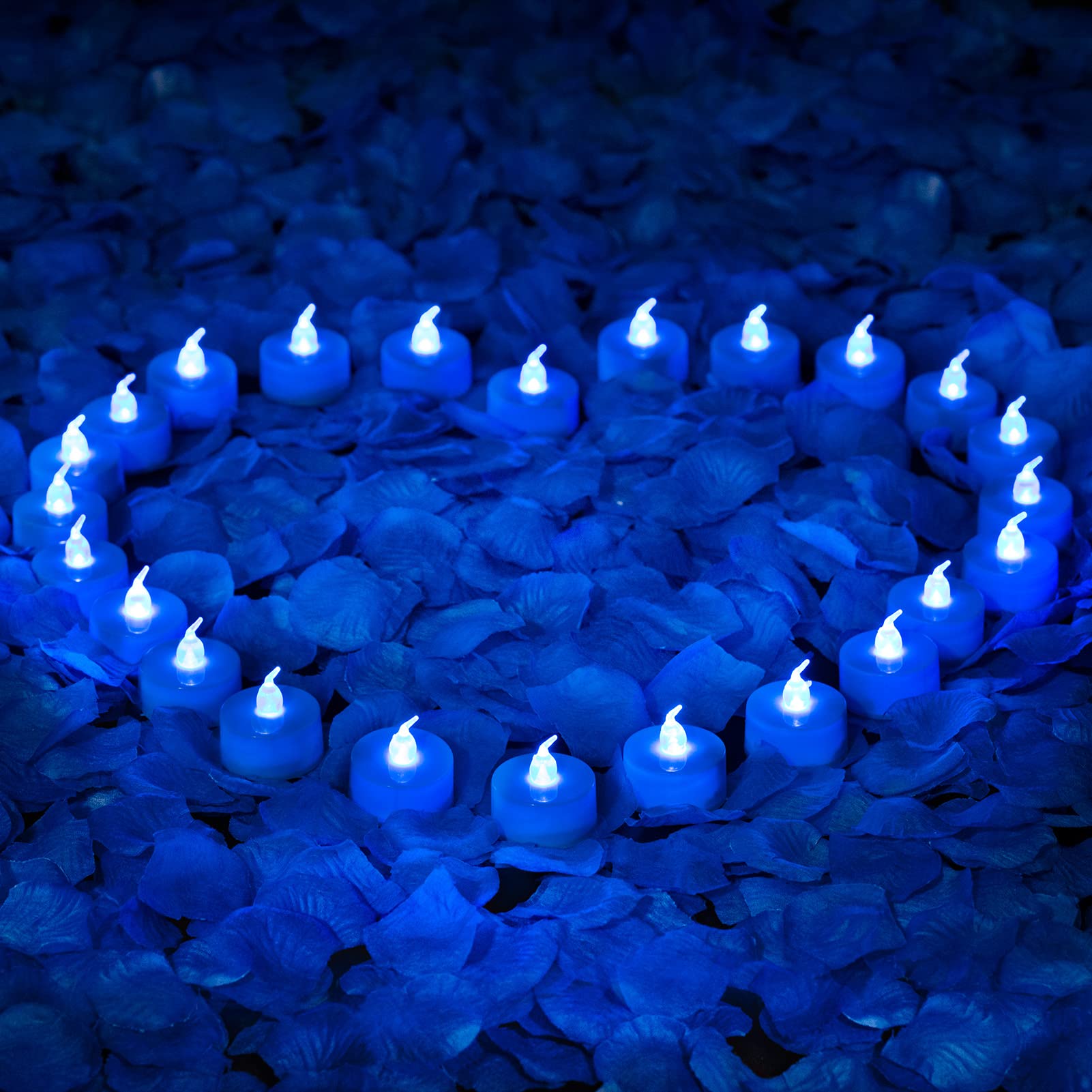 Lanker 500 Pcs Blue Artificial Rose Petals With 24 Pcs Flickering Blue Flameless Tea Lights Candles For Valentine'S Day And Roma