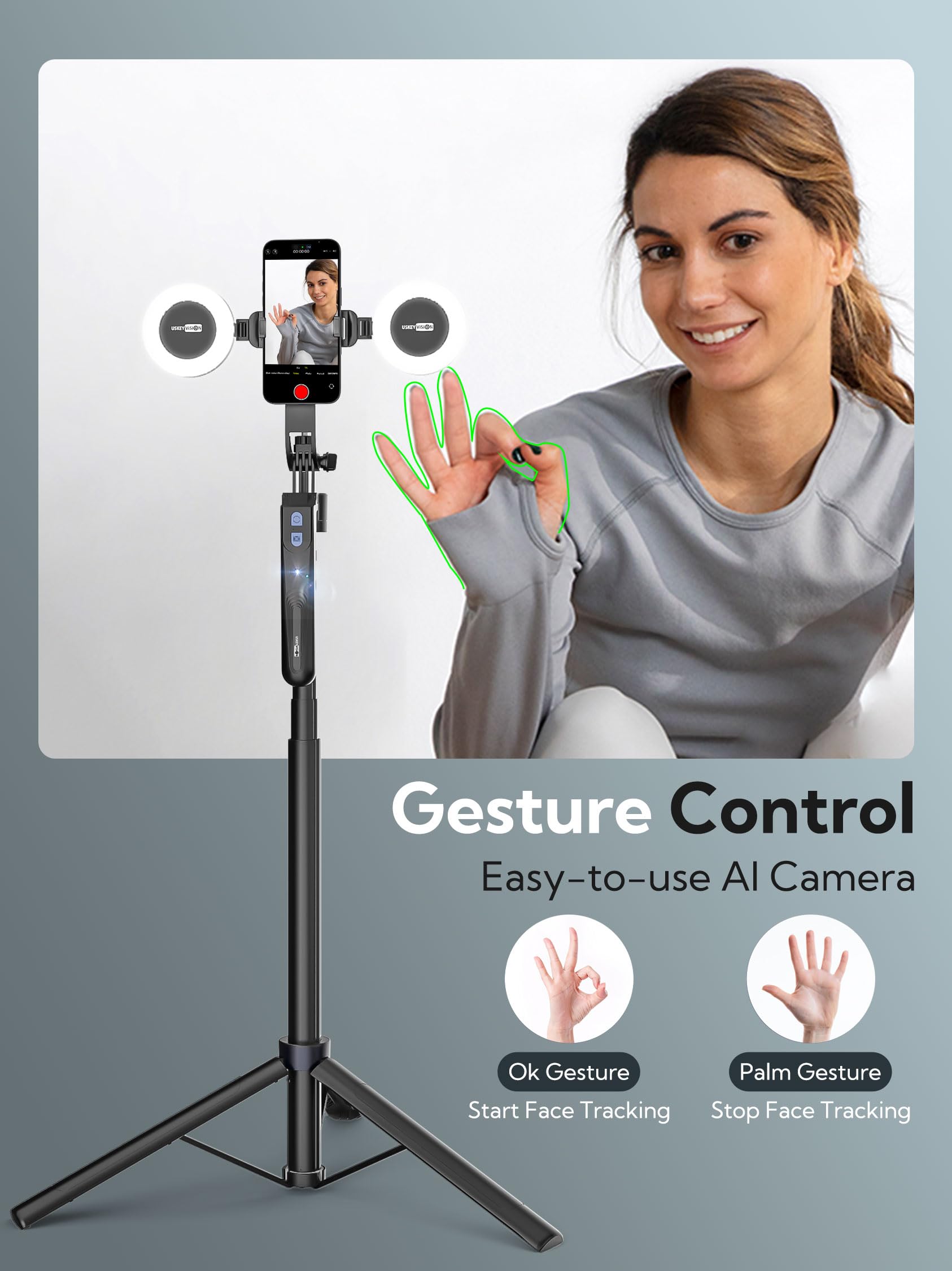 Uskeyvision Auto Face Tracking Tripod 360 Rotation,Phone Tripod For Iphone W/Fill Light,Selfie Stick For Iphone W/Remote Control