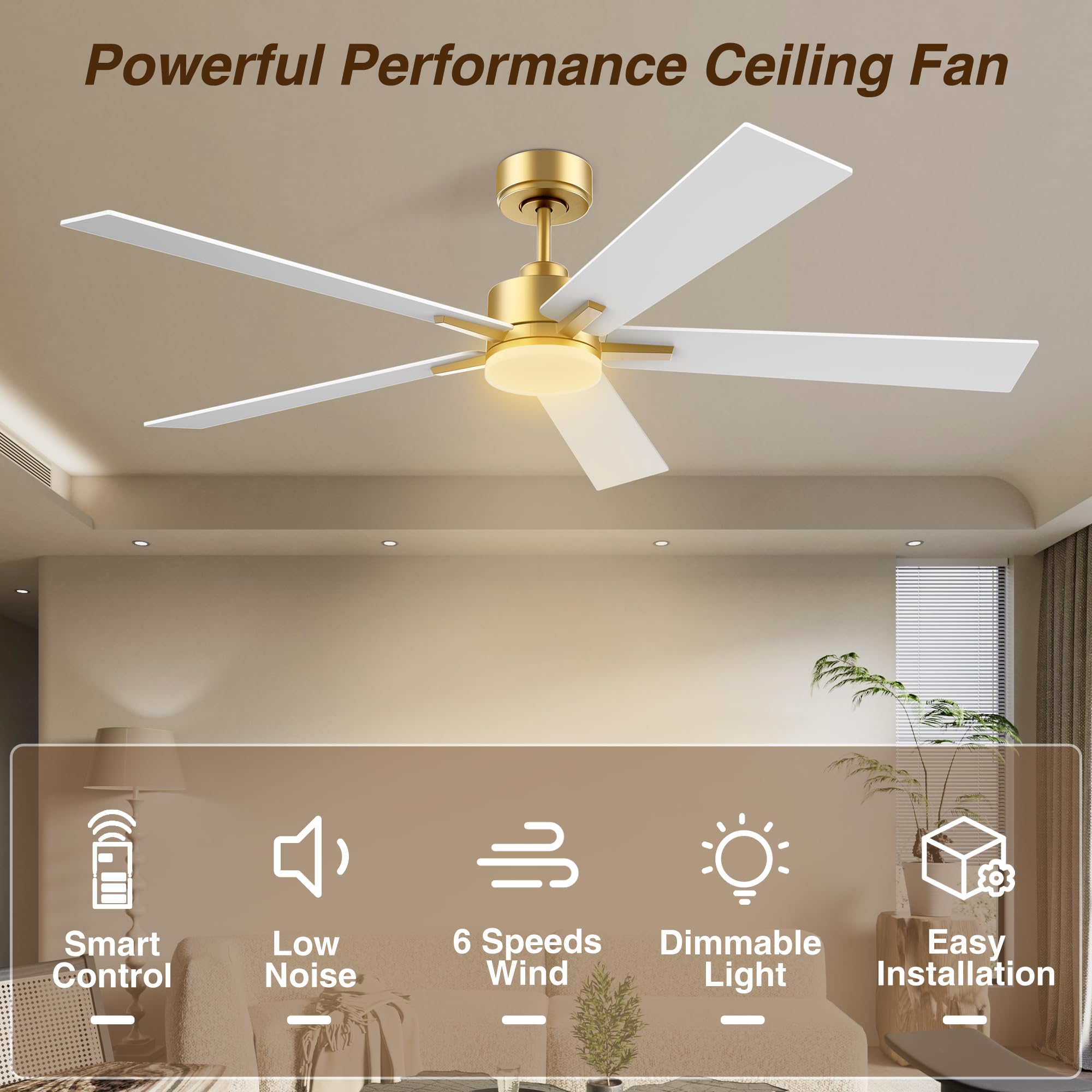 60'' Smart Ceiling Fan With Lights Remote,Control Via Alexa Google Voice App Wifi,Quiet Dc Motor,Dimmable,Outdoor Indoor Modern