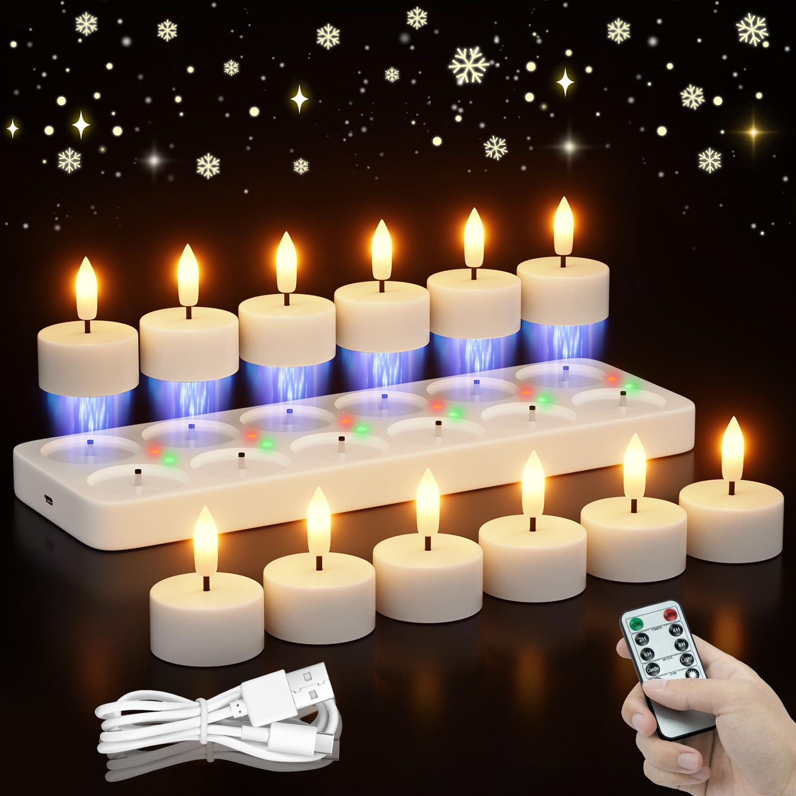 Rechargeable Flameless Tea Lights Candles With Charging Station 12Pcs Battery Tea Lights Candles With Remote & Timer Led Tealigh