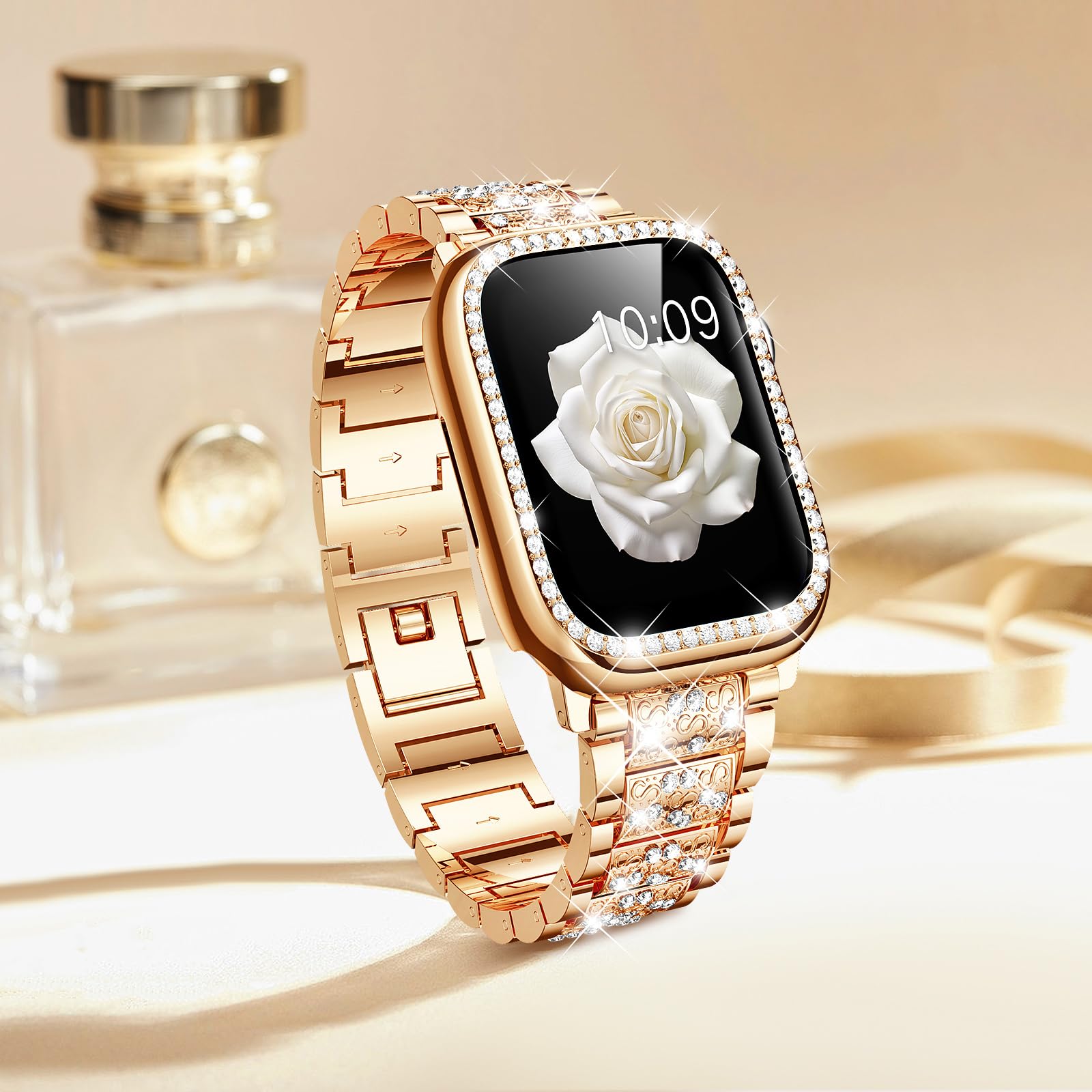 Mosonio Compatible With Apple Watch Band Series 9/8/7 41Mm With Case Women, Jewelry Replacement Metal Wristband Strap With 2 Pac