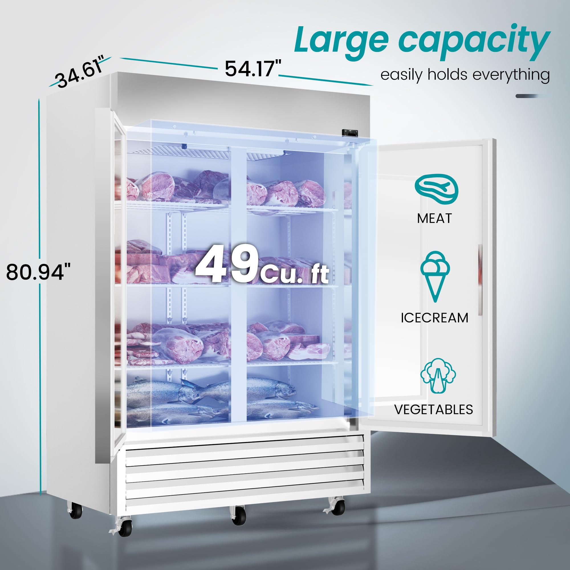 Kichking 54''W 2 Door Commercial Freezer 49 Cu.Ft Dynamic Cooling Omnismart Temperature Control -10?~10? Self Closing Stainless