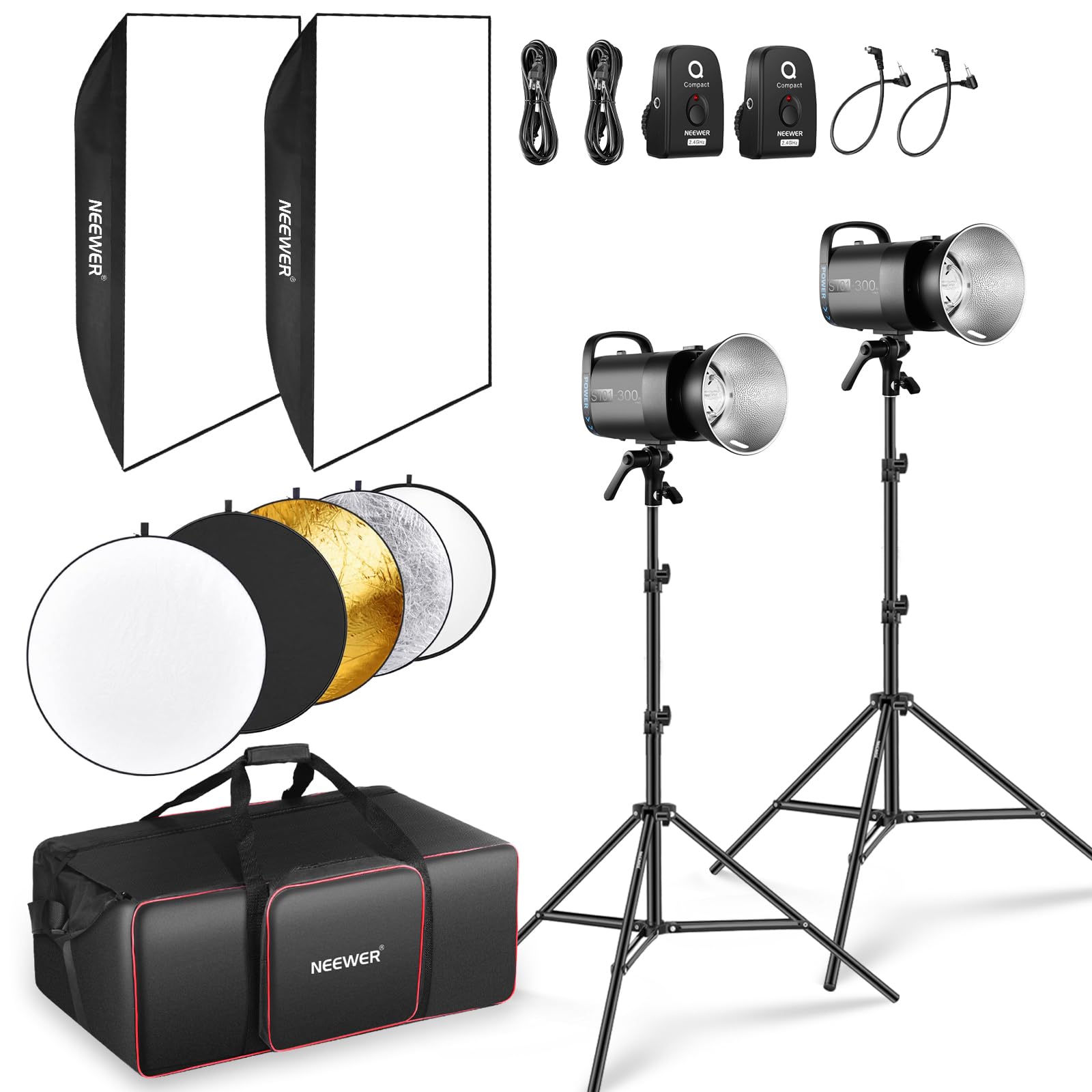 NEEWER 600Ws Studio Monolight Flash Light Kit: 2 Pack S101-300W PRO 5600K Strobe Lights with 2.4G Trigger/150W Modeling Lamps/Bo