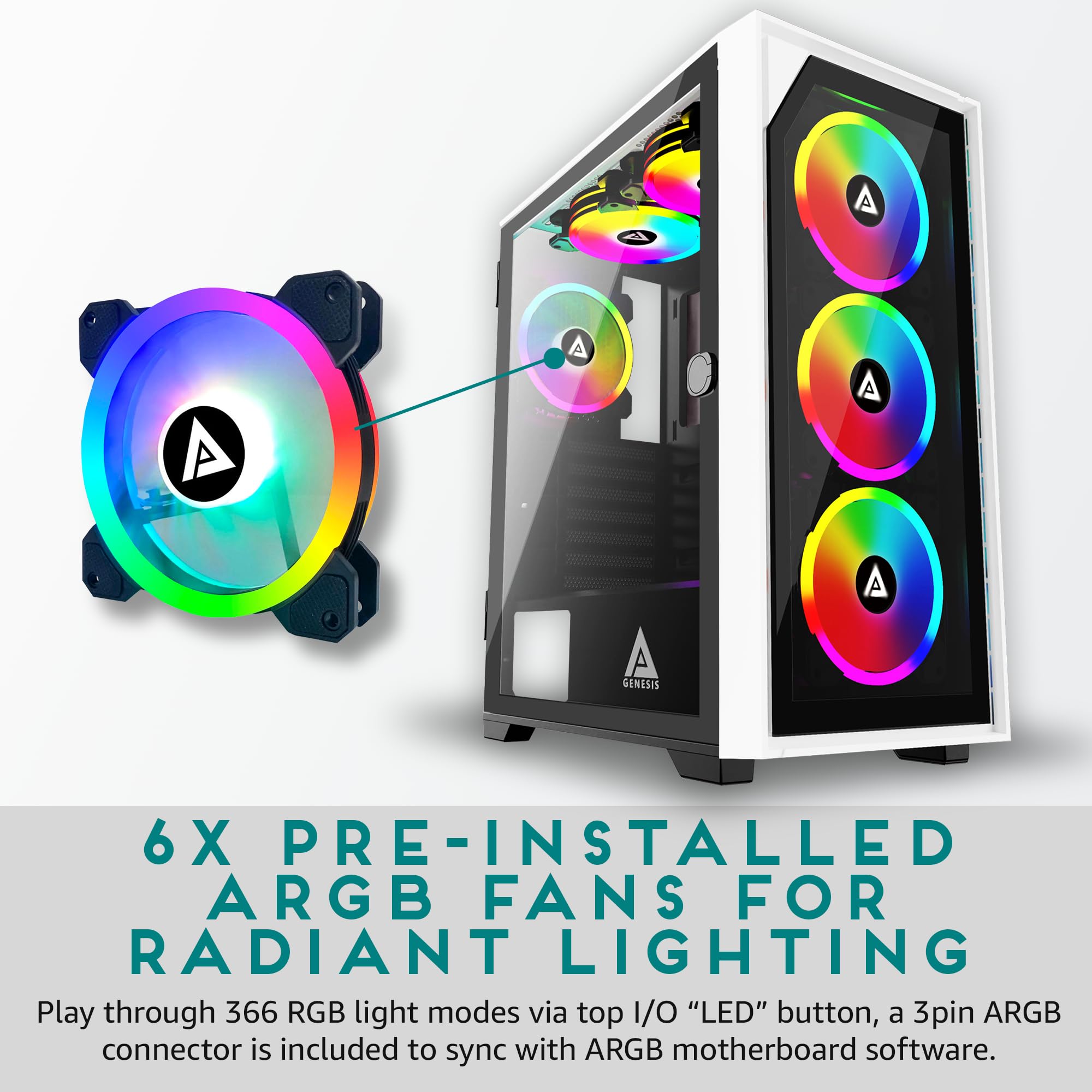 Apevia G Pro Wh Genesis Pro Mid Tower Gaming Case With 2 X Tempered Glass Panel, Top Usb3.0/Usb2.0/Audio Ports, 6 X Rgb Fans, Wh