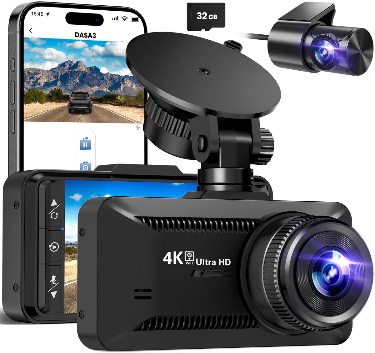 Dash Cam Front Rear 4K/1080P, Dash Camera For Cars Build In Wifi, Full Hd Dash Cam With App Control, 3.94 Ips Screen Dash Camera