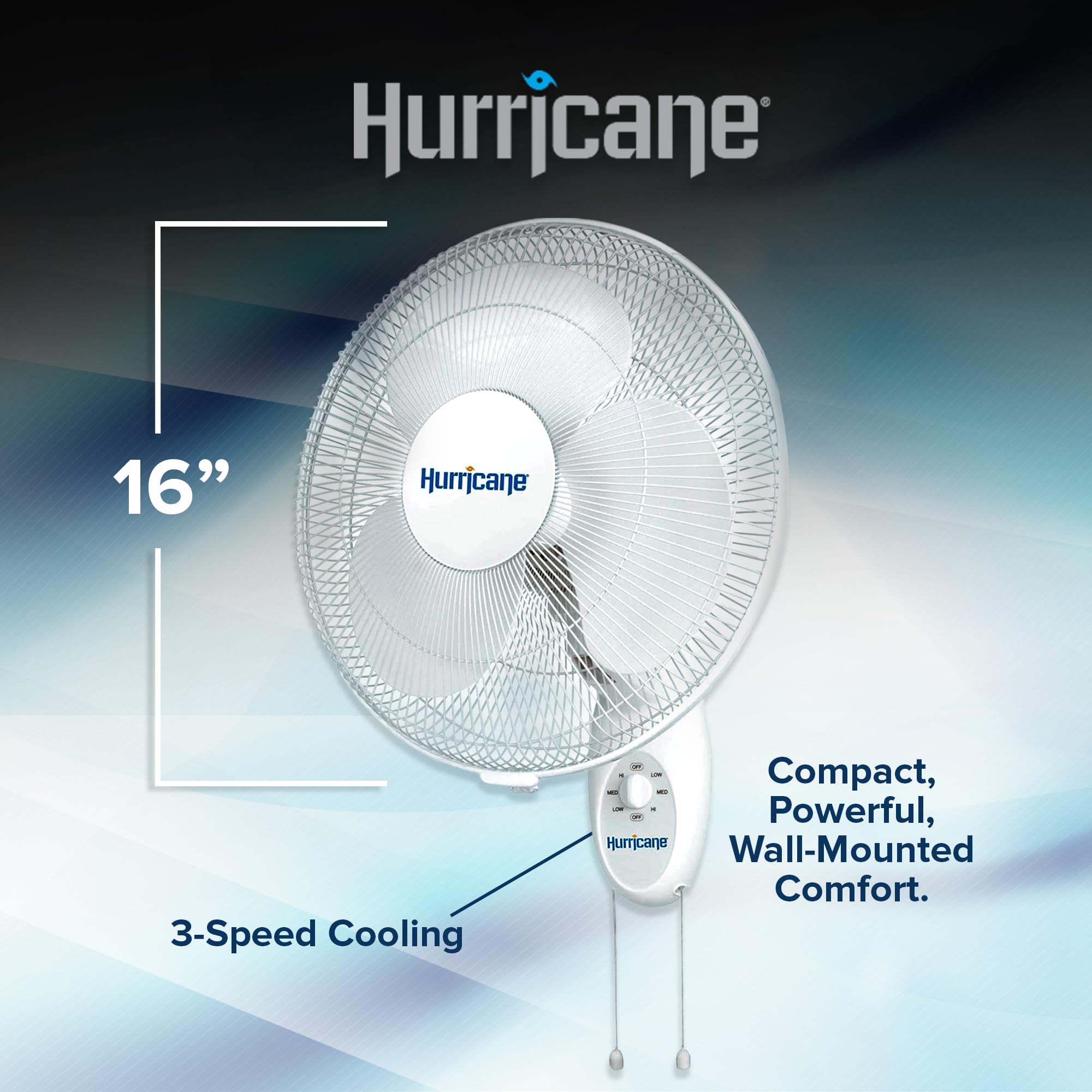 Hurricane Supreme 16'' Oscillating Wall Mount Fan   Space Saving, Powerful & Quiet 3 Speed Airflow, Adjustable Tilt For Home, Ga
