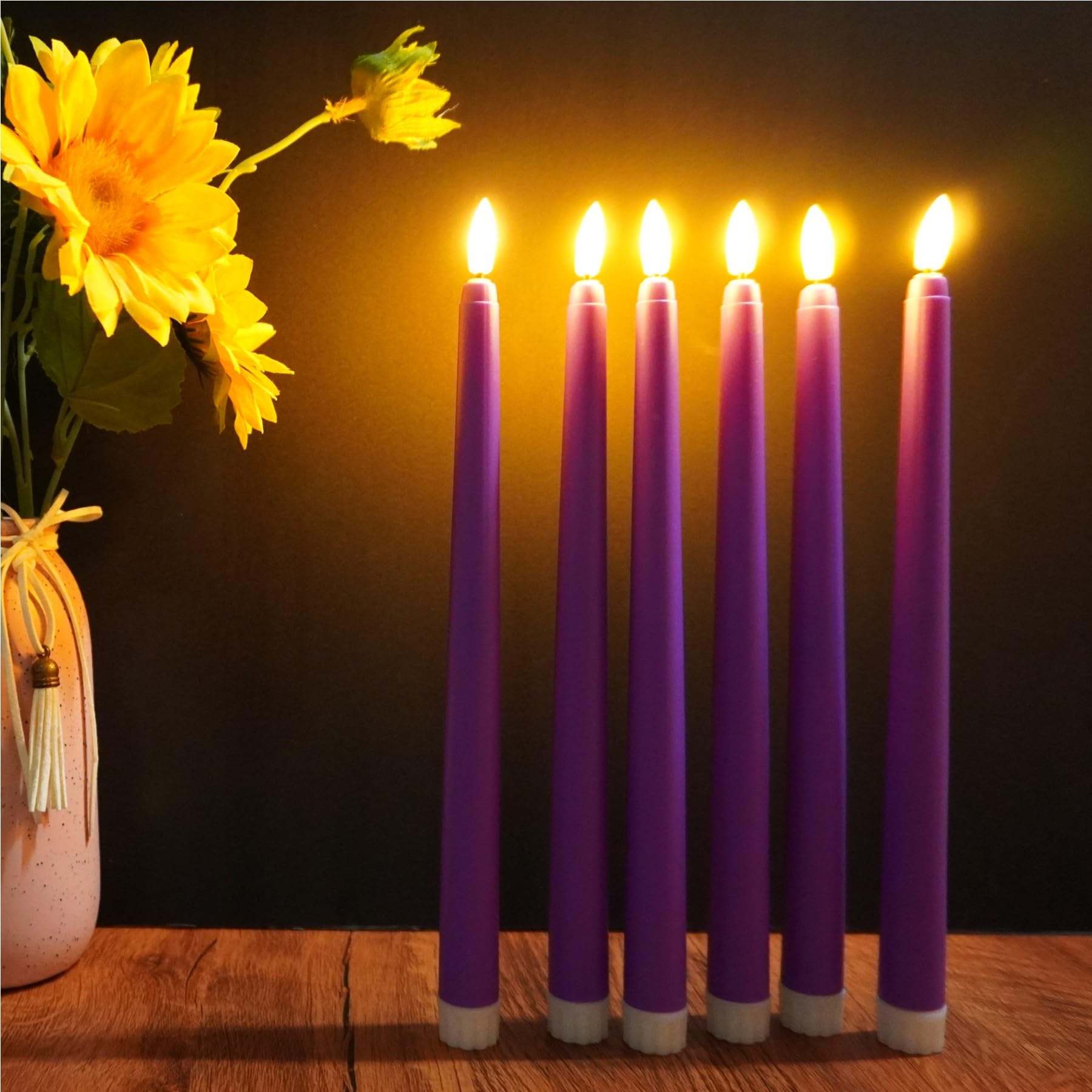 Ni Jasw Purple Flameless Taper Candles With Remote, Flickering Battery Operated Led Candlesticks Set Of 6