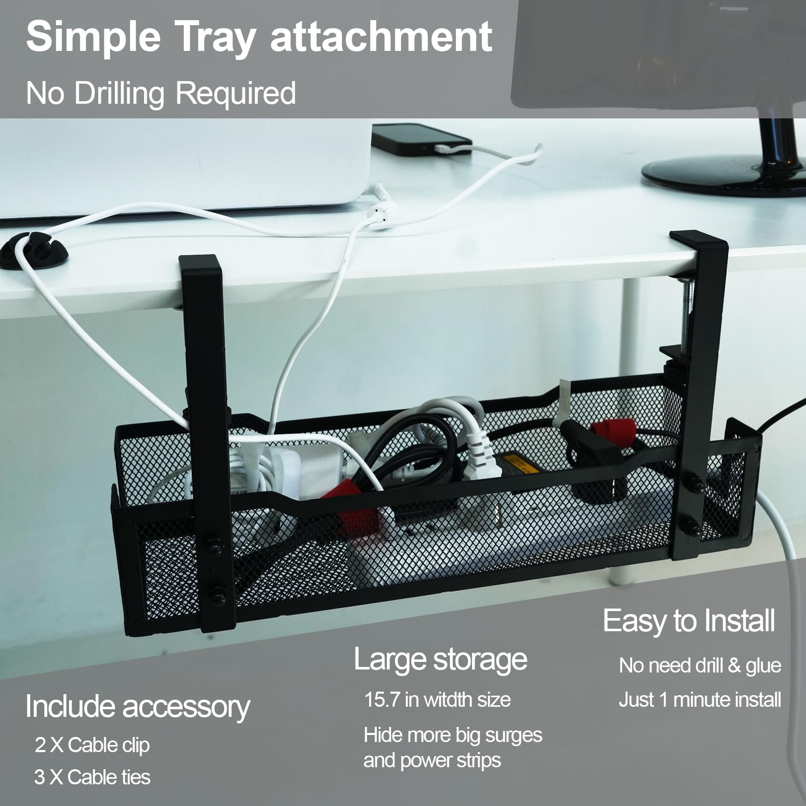 No Drill Under Desk Cable Management Tray With Clamp Premium Wire Tray Cord Organizer   Thin Steel Cable Tray Basket With Charge