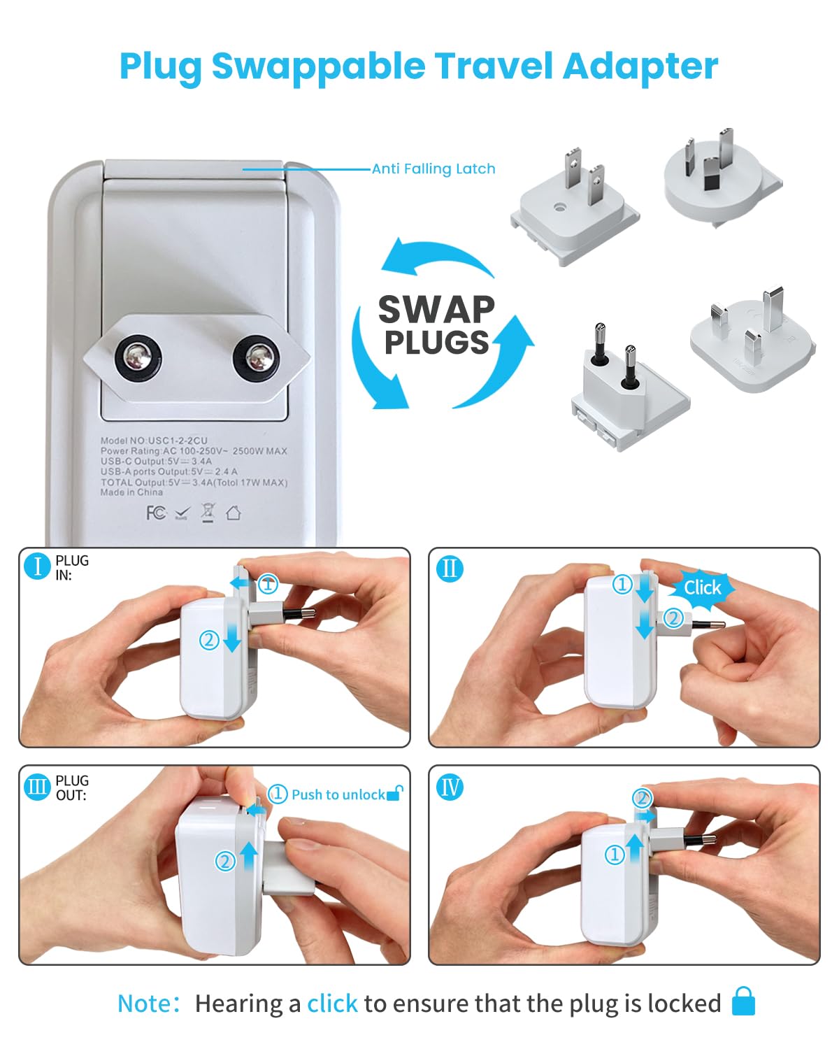 Universal Travel Adapter Kit, Vintar International Plug Adapter With 3 Usb Ports(2 Usb C, 3.4A) And 2 American Outlets, Type A,C