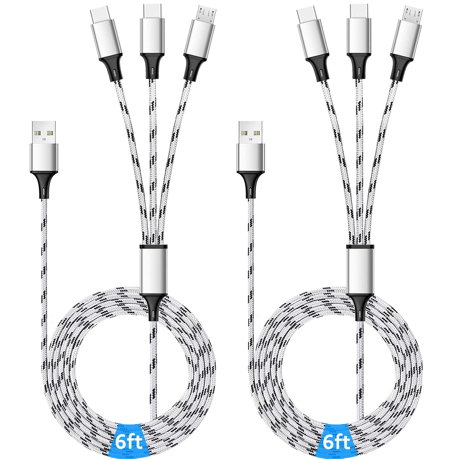 Multi Charging Cable, 6Ft 2Pack Multi Charger Cable Braided Multiple Usb Cable Universal 3 In 1 Charging Cord With Dual Type C,