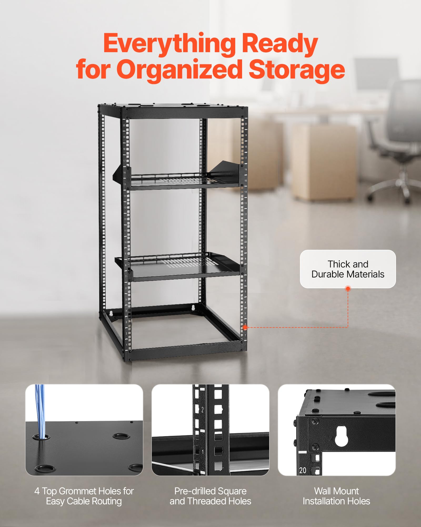 Vevor 20U Server Rack, Open Frame Network Rack,4-Post Floor Standing Or Wall Mounted, Includes 2Pcs Vented 1U Rack Shelves & Mou