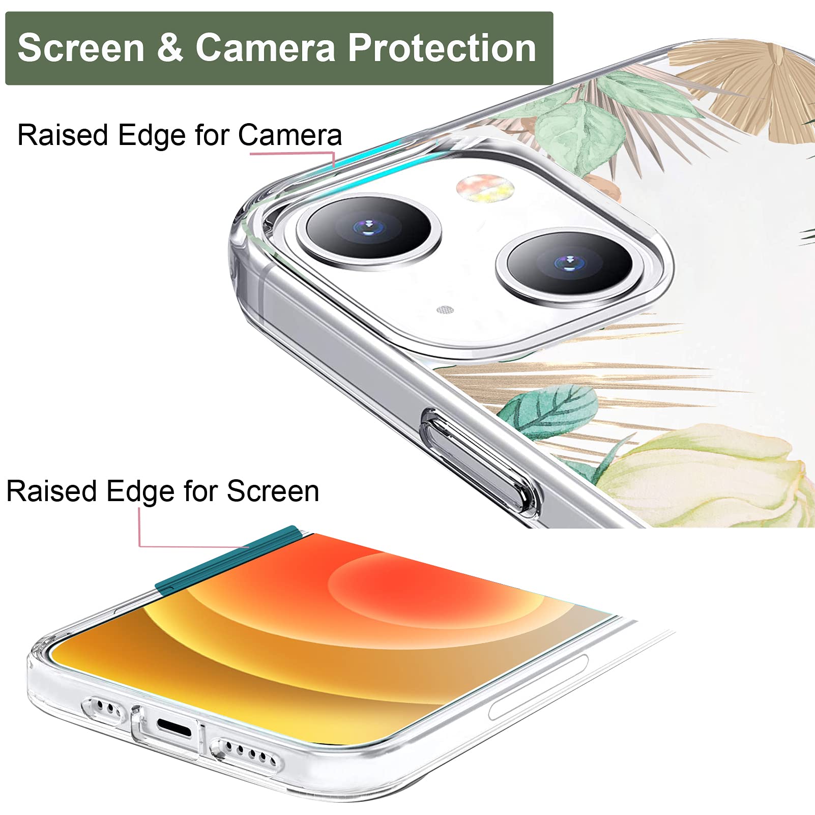 Unov iPhone 13 Phone Case Clear Embossed Tropical Flowers TPU Slim Protective 6.1 Inch