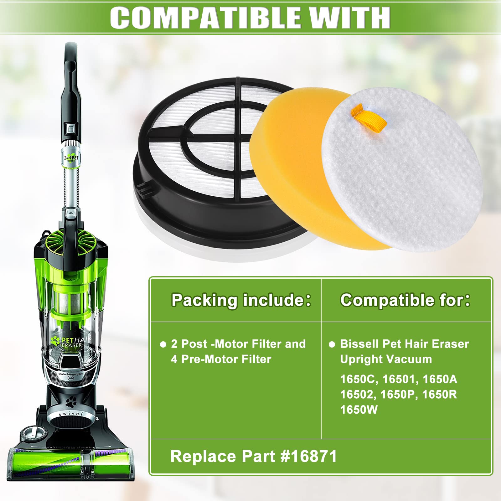 2Pack 1650 Filter Replacement For Bissell Pet Hair Eraser Turbo Upright Vacuum Model 1650A,1650C, 16501, 16507, 16508, 16502, 16