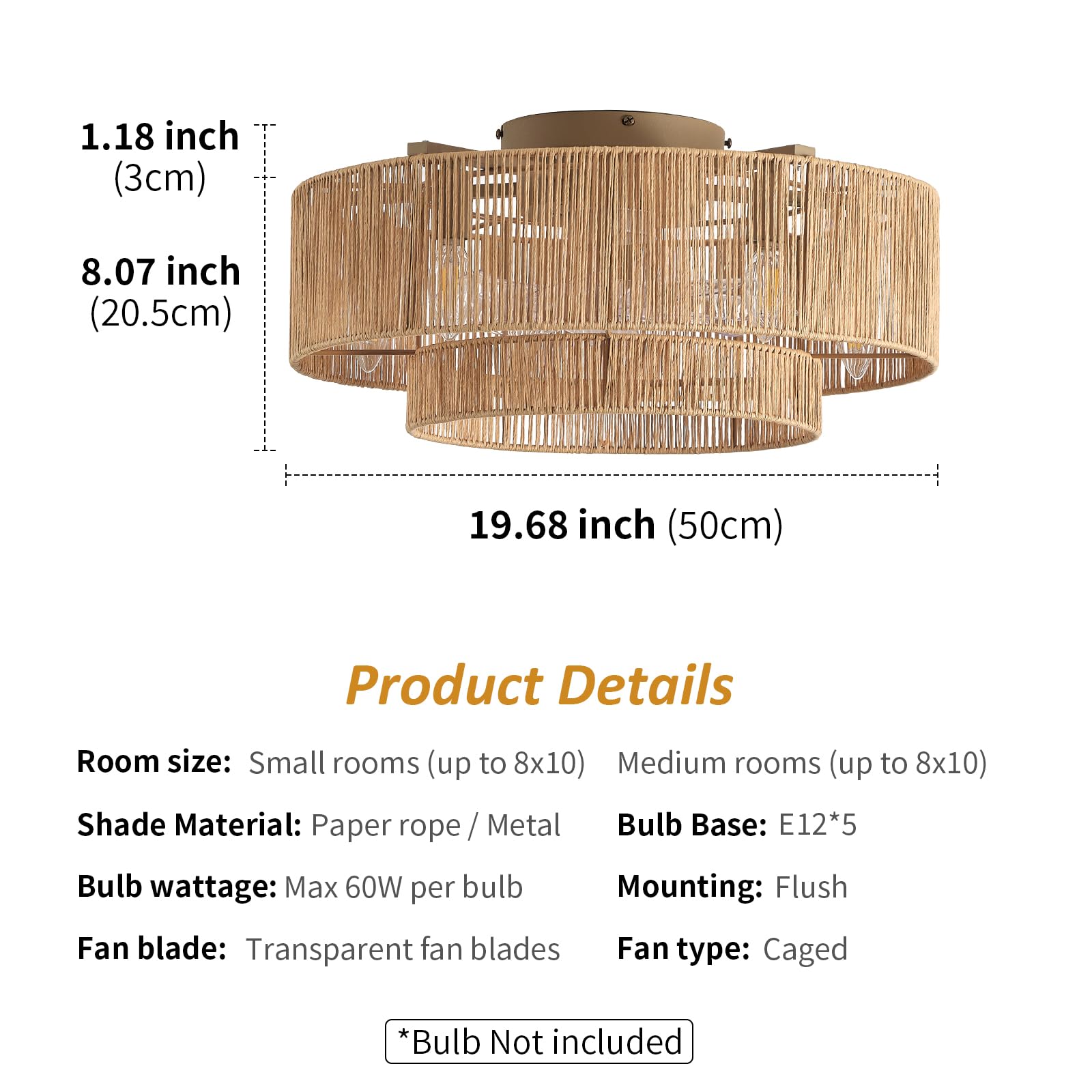 20 Inch Boho Caged Ceiling Fans With Lights Flush Mount, Layered Rattan Ceiling Fan With Light Remote Control With Reversible 6