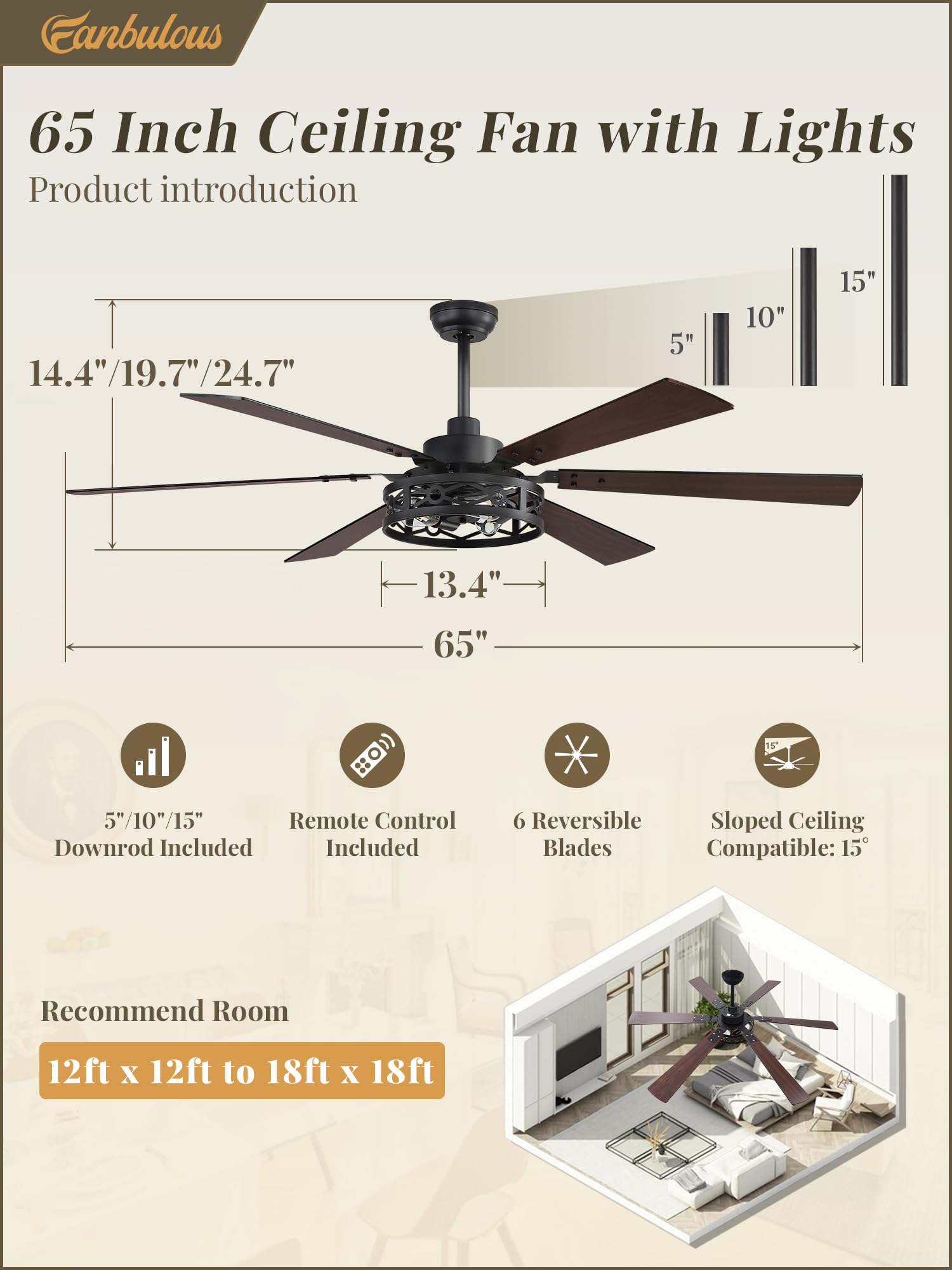 Fanbulous 65 Inch Ceiling Fan With Lights, Farmhouse Caged Ceiling Fans With Remote, Black Industrial Ceiling Fans With Quiet Re