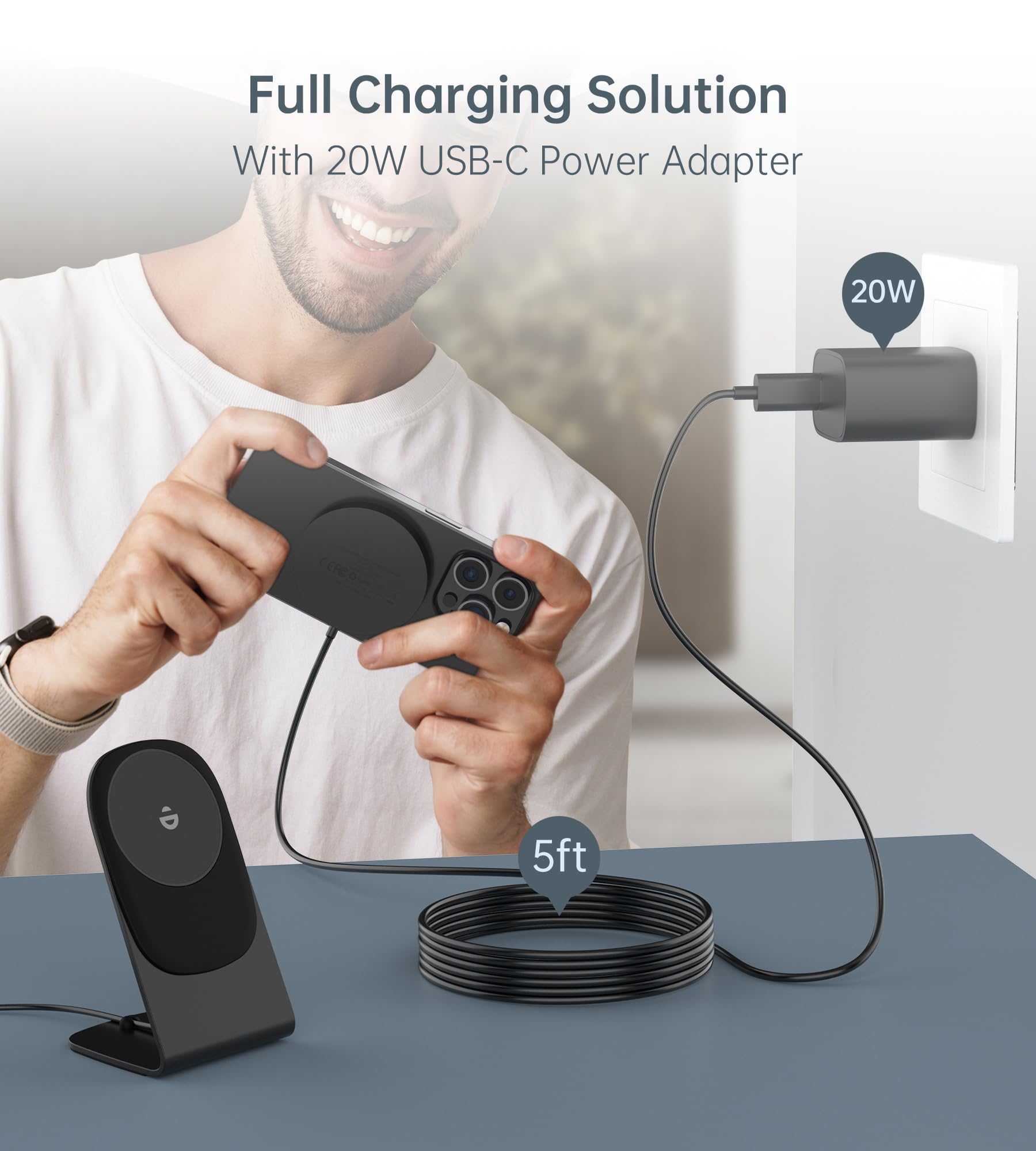 Magnetic Wireless Charger With Aluminum Charging Pad Stand Compatible With Iphone 16/15/14/13/12 Series,20W Pd Charger&5Ft Cable