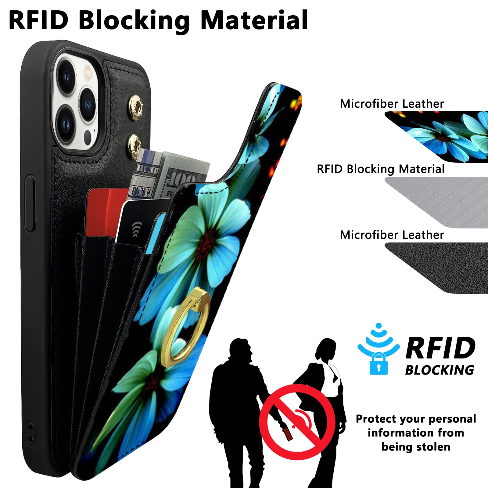 Topperfekt Compatible With Iphone 13 Pro Wallet Case With Card Holder, 360    Rotation Finger Ring Holder Kickstand Protective R