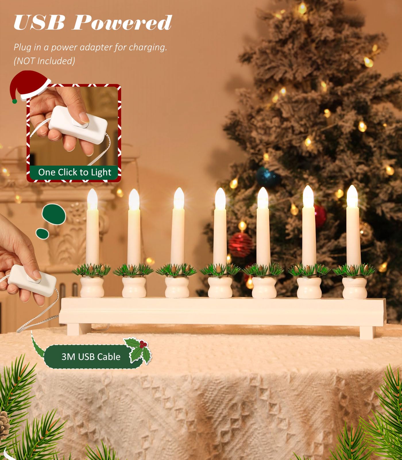 Lewondr Christmas Swedish Candelabra, Electric Candles With 7 Flameless Taper Candles, Wooden Candle Bridge Light With Usb Power