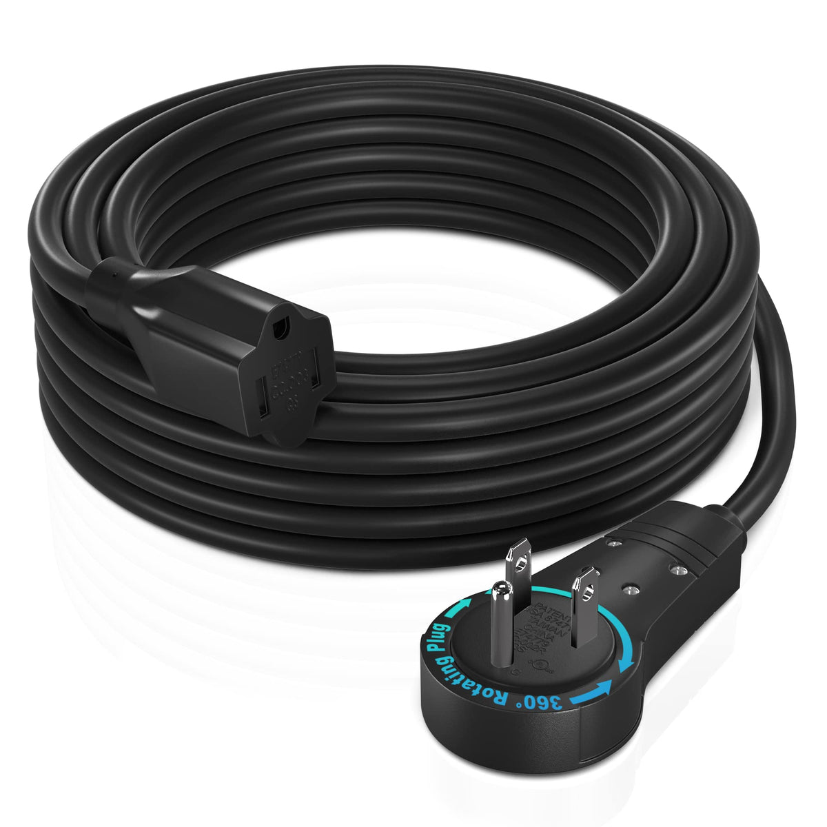 Maximm Cable 15 Feet 360 Rotating Flat Plug Extension Cord/Wire, 3 Prong Grounded Wire 16 Awg Power Cord - Black Ul Certified