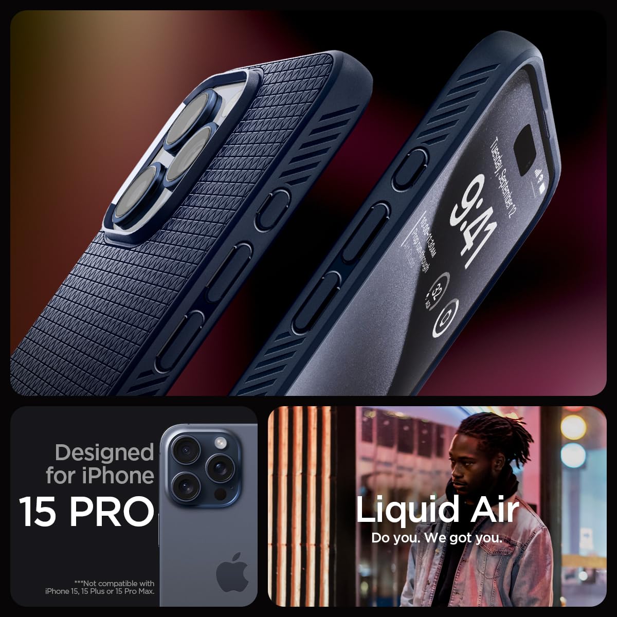 Spigen Liquid Air Designed For Iphone 15 Pro Case (2023) [Military-Grade Protection] - Navy Blue