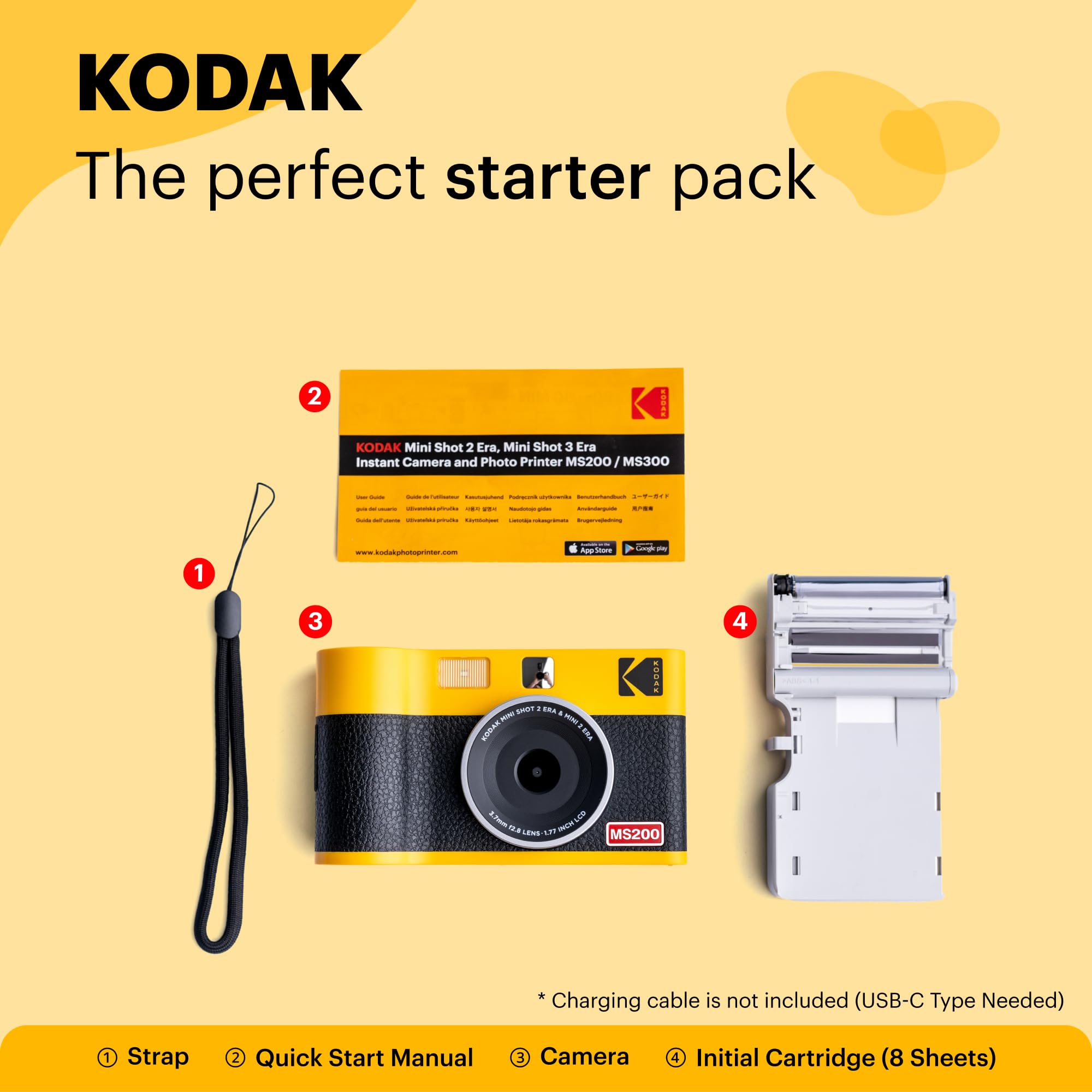 Kodak Mini Shot 2 Era 4Pass 2-In-1 Instant Camera And Photo Printer (Yellow, Camera + 8 Sheets)