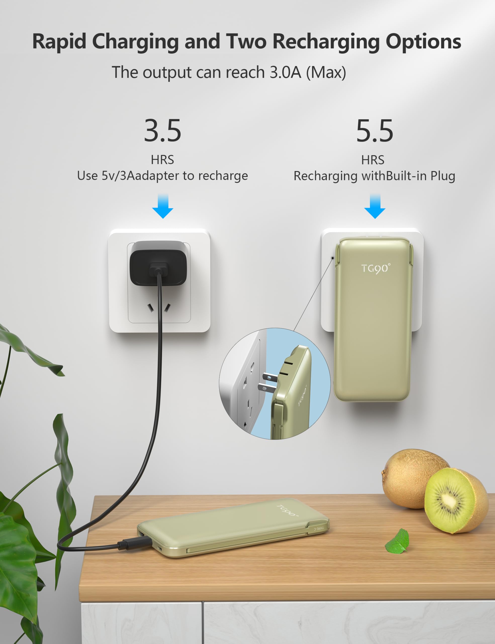 Metecsmart Portable Charger Power Bank With Built In Cable And Ac Wall Plug, 10000Mah Fast Usb C Phone Charger, Slim Thin Mini C