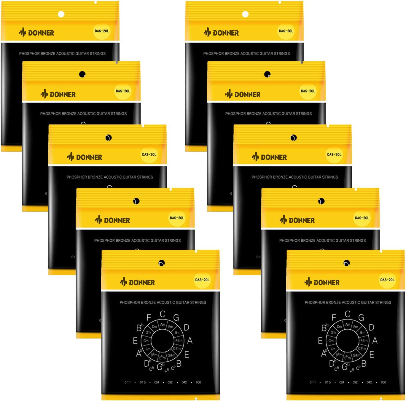 Donner Light Acoustic Guitar Strings Phosphor Bronze Coated 10 Sets Of 6 Hex Steel String 11 50 Das 20L