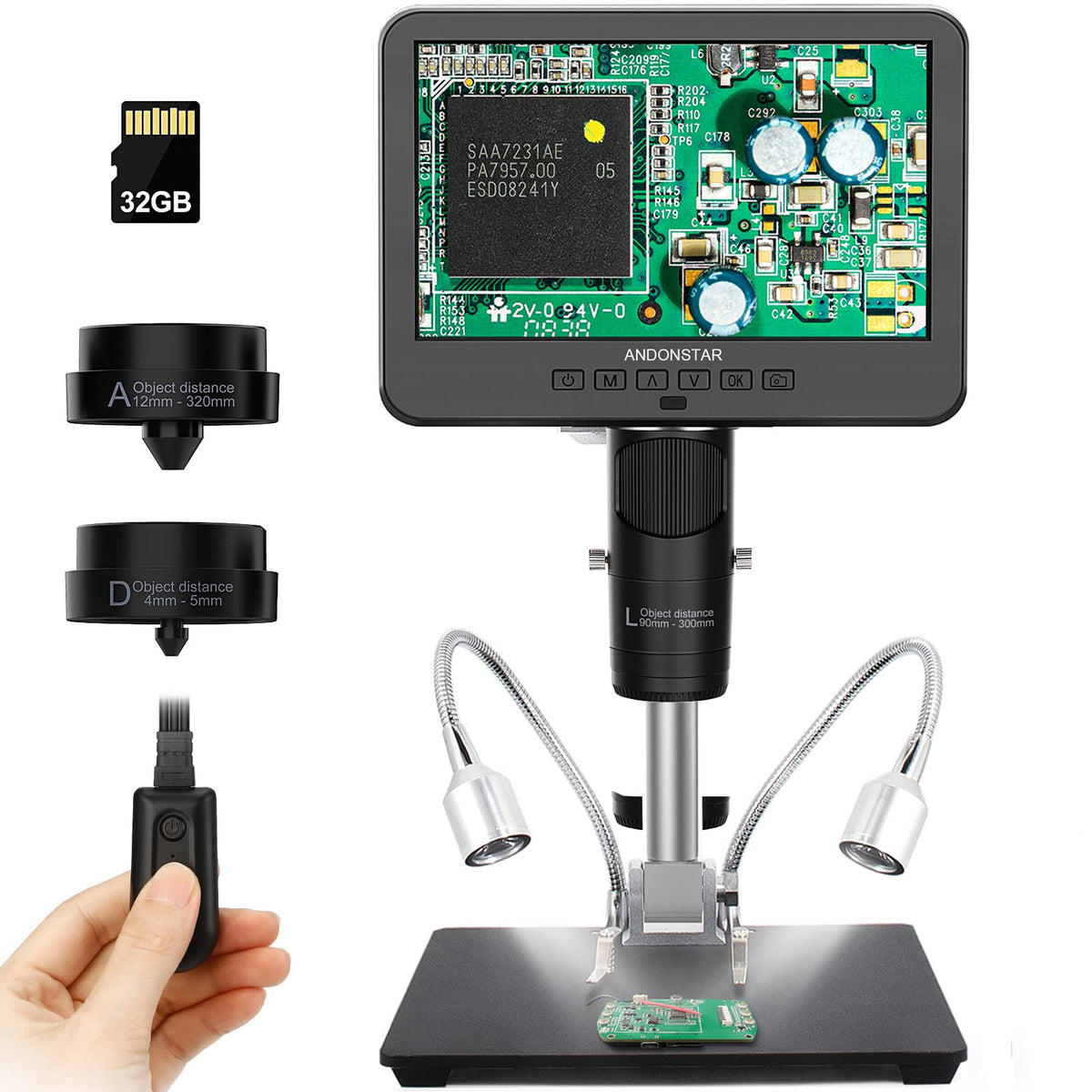Andonstar Ad246 M Digital Microscope For Adults, 3 Lens Soldering Microscope, 1080P Fhd Video Record, 7 Inch Lcd 500X, Coin Microscope, Biological Microscope Kit With 32G Card, Prepared Slides